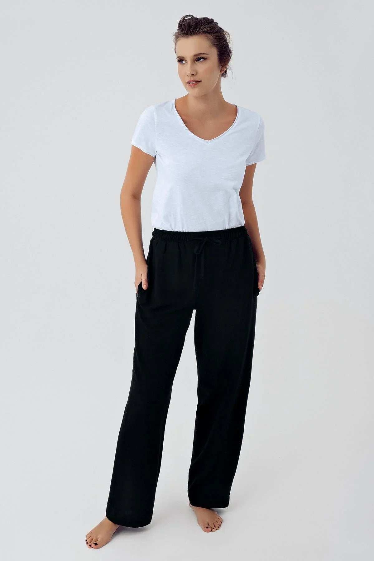 Kadın Keten Cepli Lastikli Boru Paça Pantolon K200 - Artış Collection