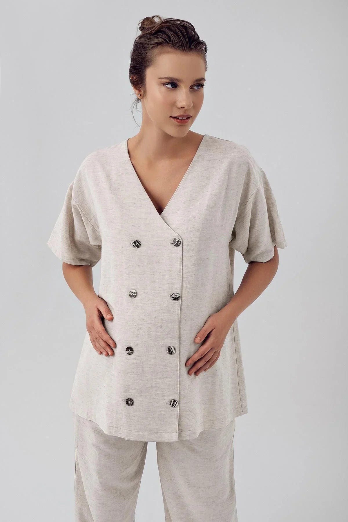 Kadın Keten Kısa Kol Kruvaze Oversize Gömlek K103