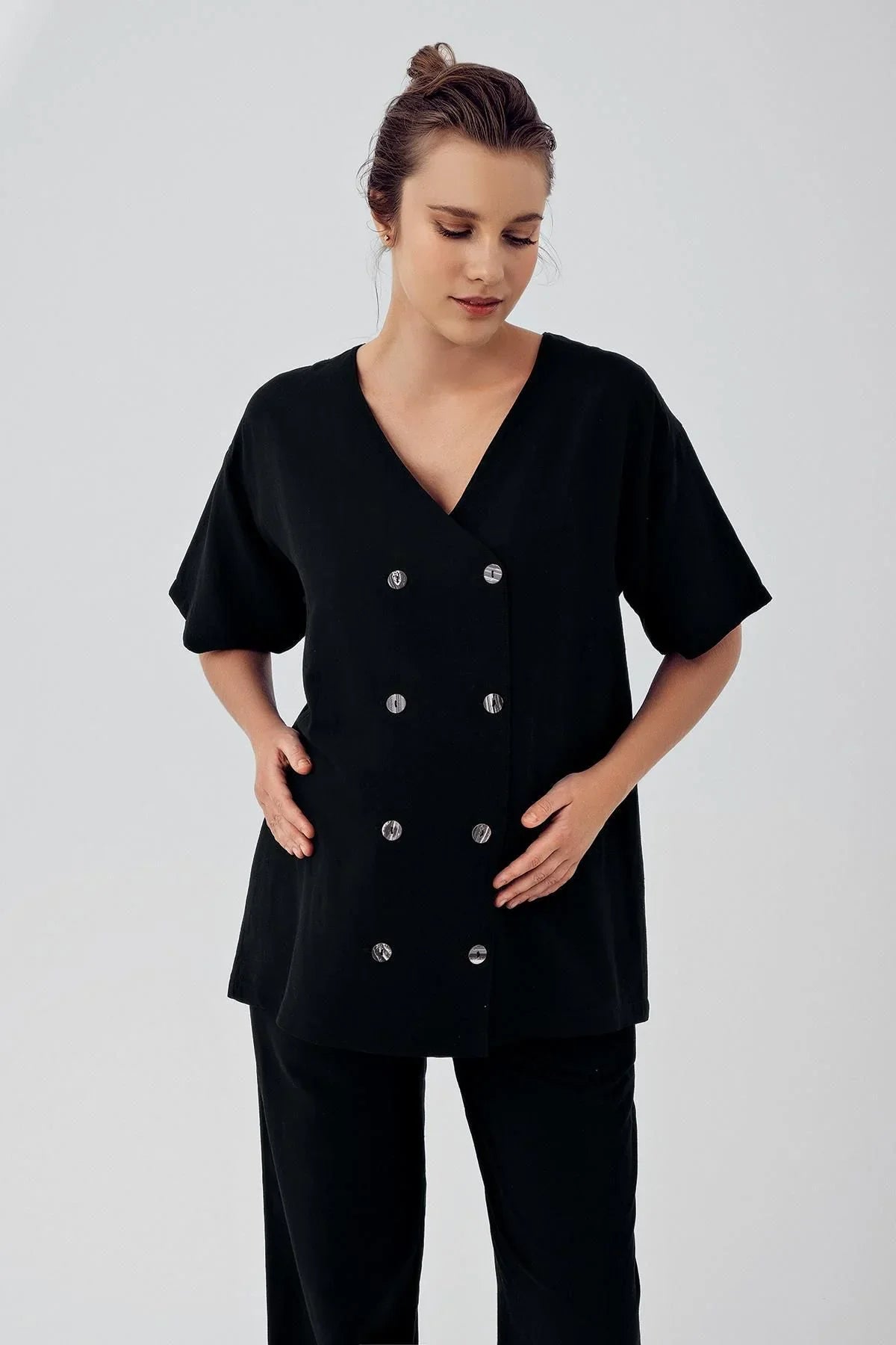 Women's Linen Short Sleeve Double Breasted Oversize Shirt K103