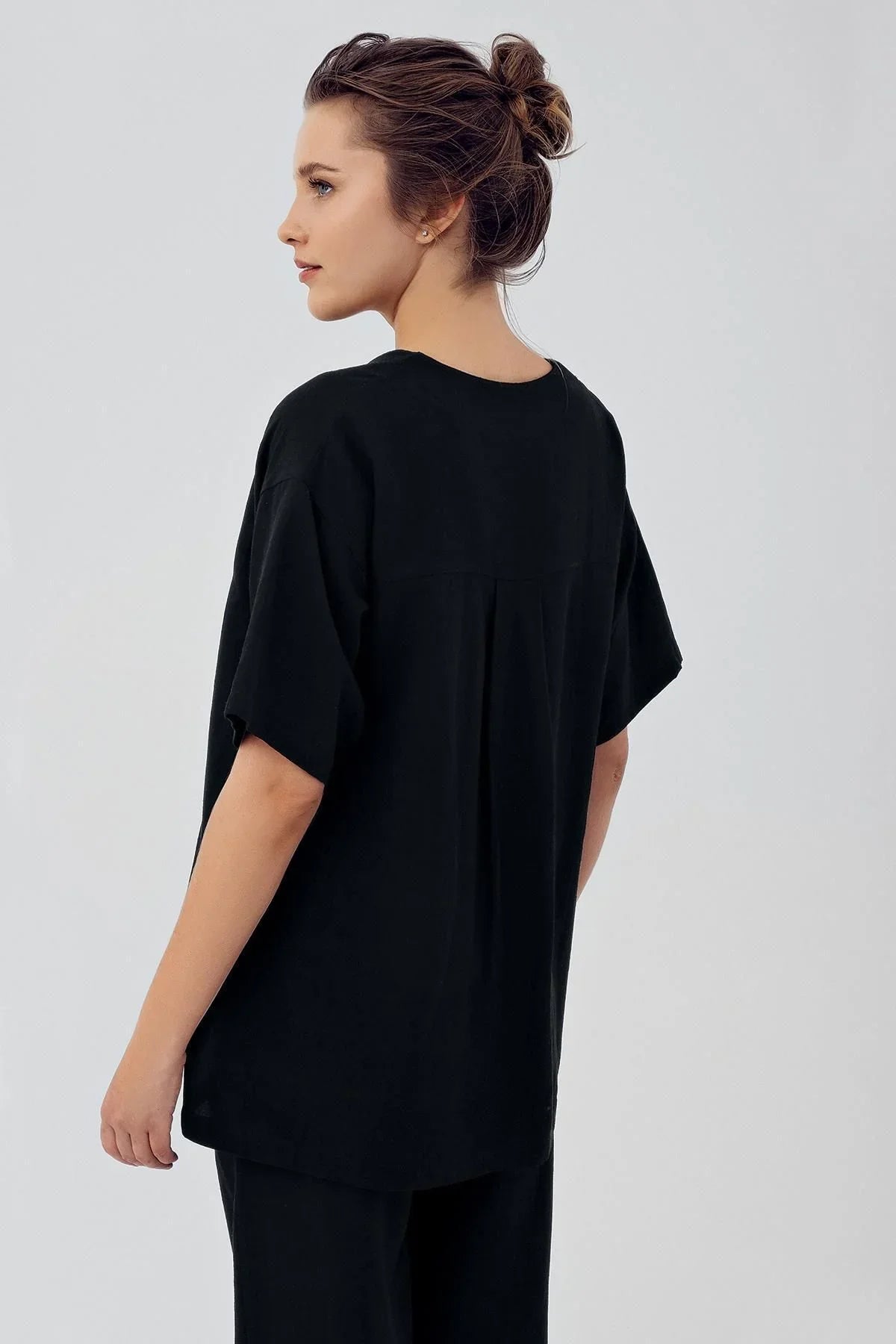 Women's Linen Short Sleeve Double Breasted Oversize Shirt K103