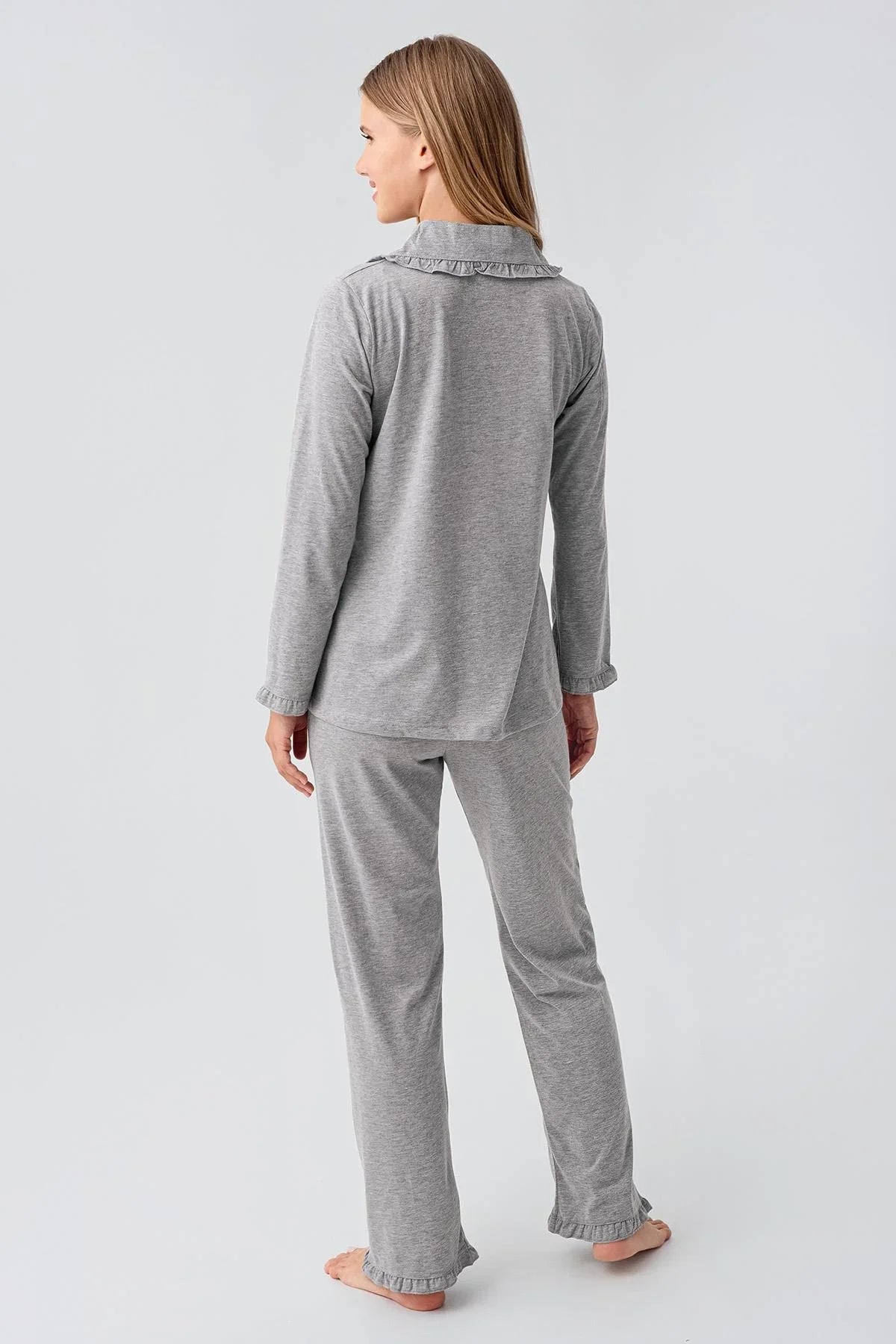 Kadın Uzun Kollu Düğmeli Esnek Pamuklu Sabahlık Pijama Takımı 23112 - Artış Collection