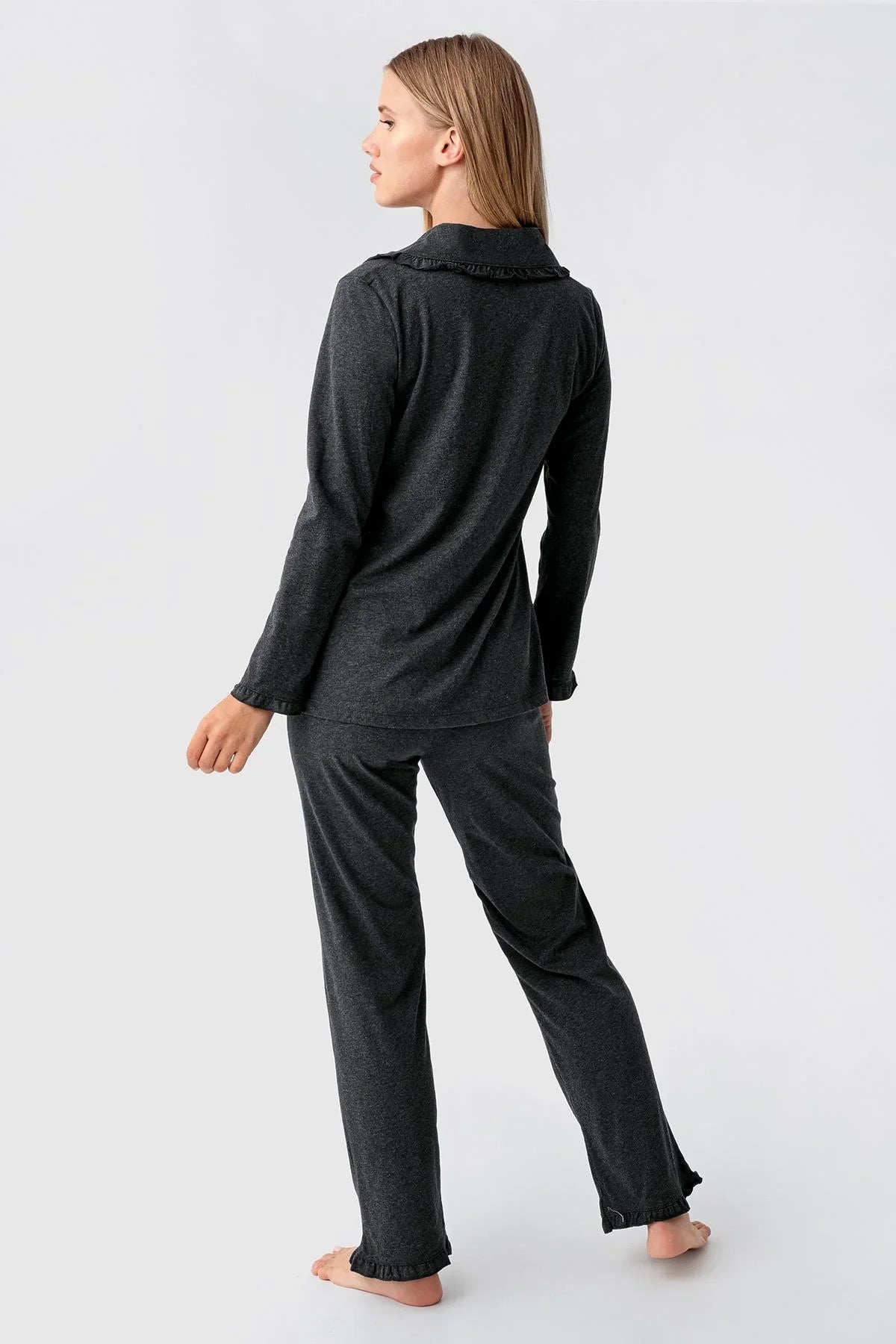 Kadın Uzun Kollu Düğmeli Esnek Pamuklu Sabahlık Pijama Takımı 23112 - Artış Collection