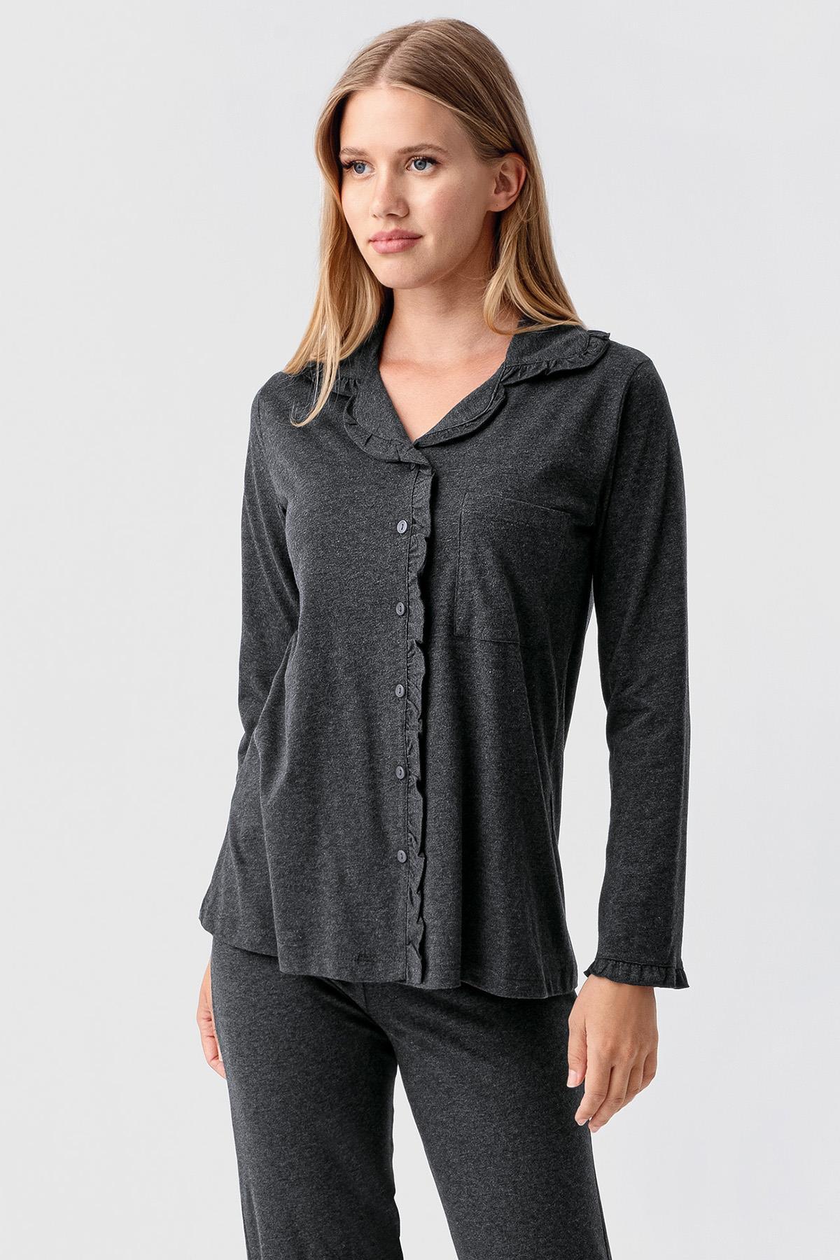 Kadın Uzun Kollu Düğmeli Esnek Pamuklu Sabahlık Pijama Takımı 23112 - Artış Collection