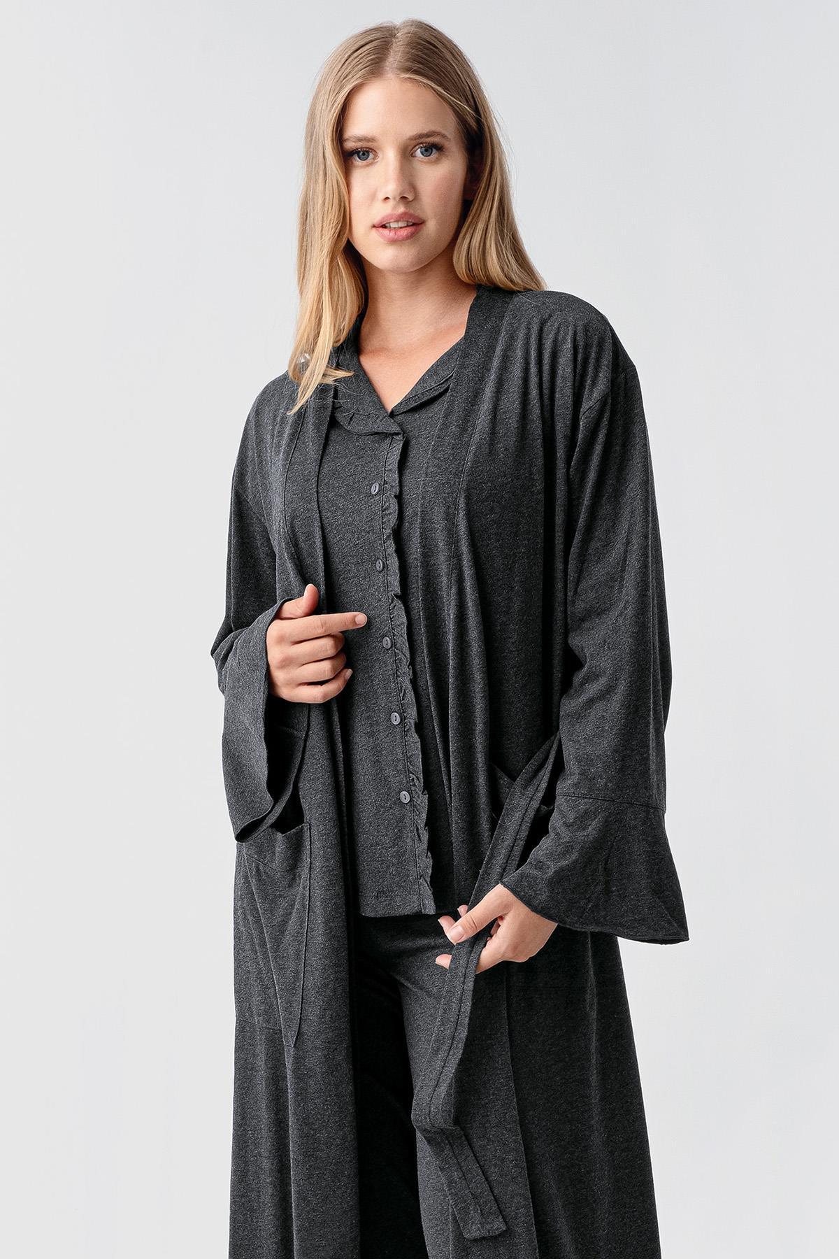 Kadın Uzun Kollu Düğmeli Esnek Pamuklu Sabahlık Pijama Takımı 23112 - Artış Collection