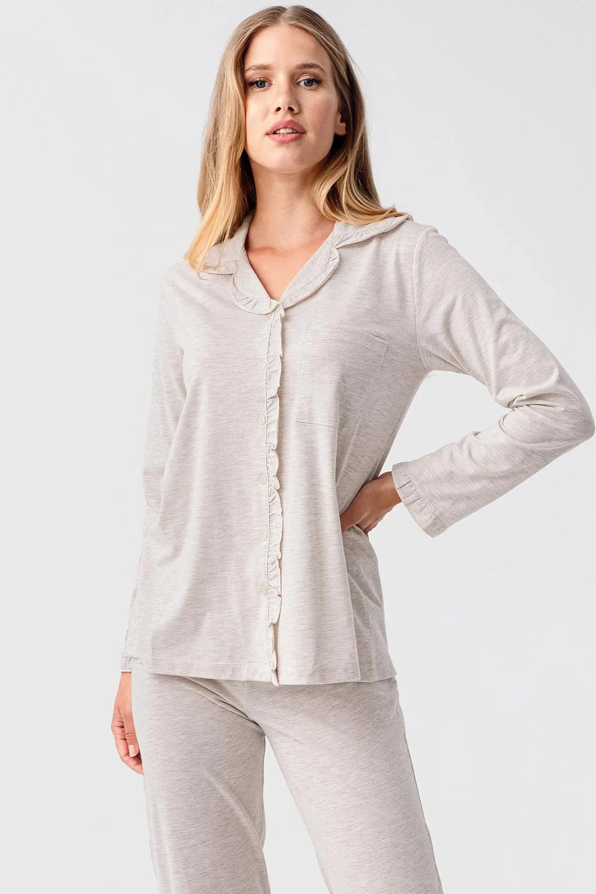 Kadın Uzun Kollu Düğmeli Esnek Pamuklu Sabahlık Pijama Takımı 23112 - Artış Collection