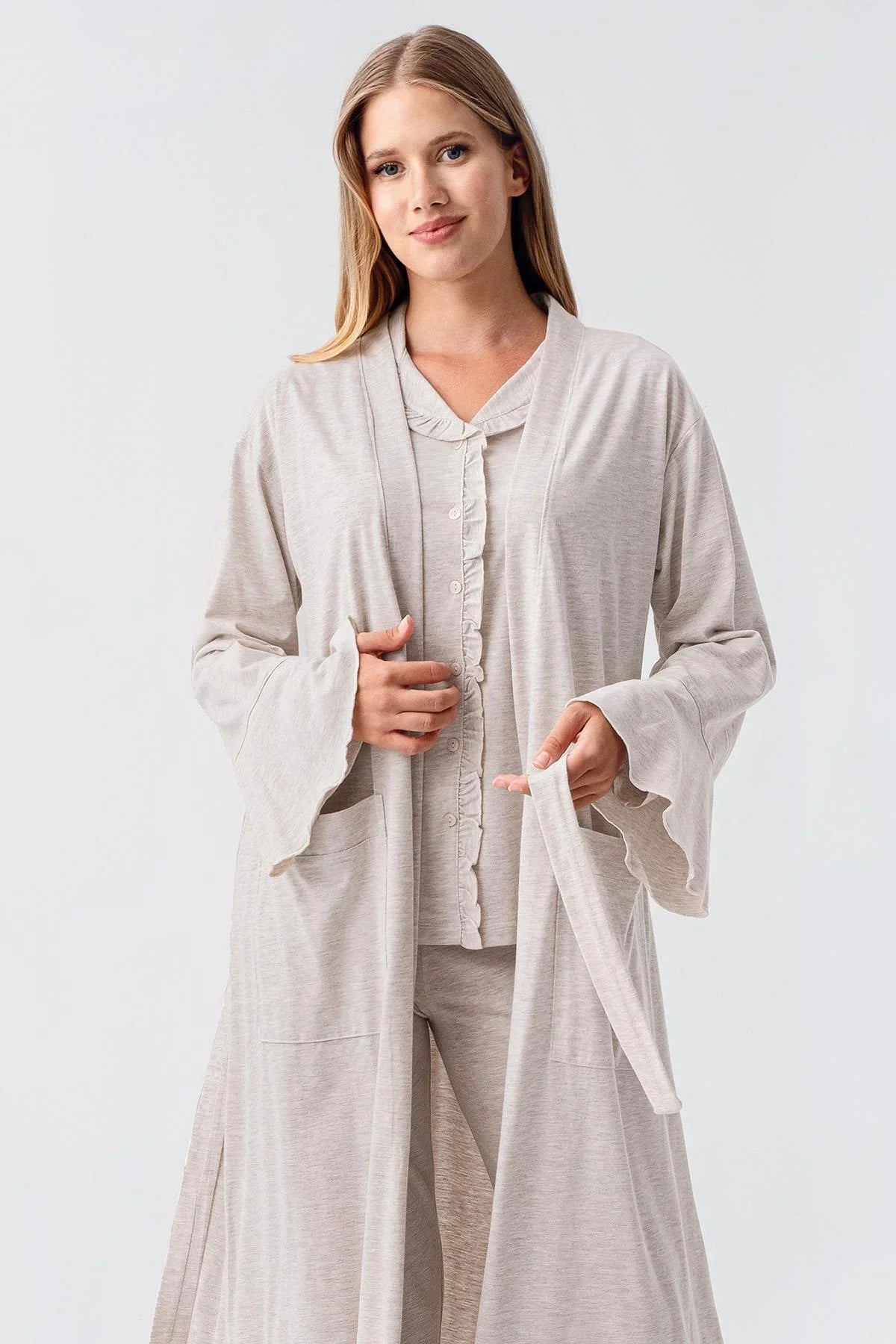Kadın Uzun Kollu Düğmeli Esnek Pamuklu Sabahlık Pijama Takımı 23112 - Artış Collection