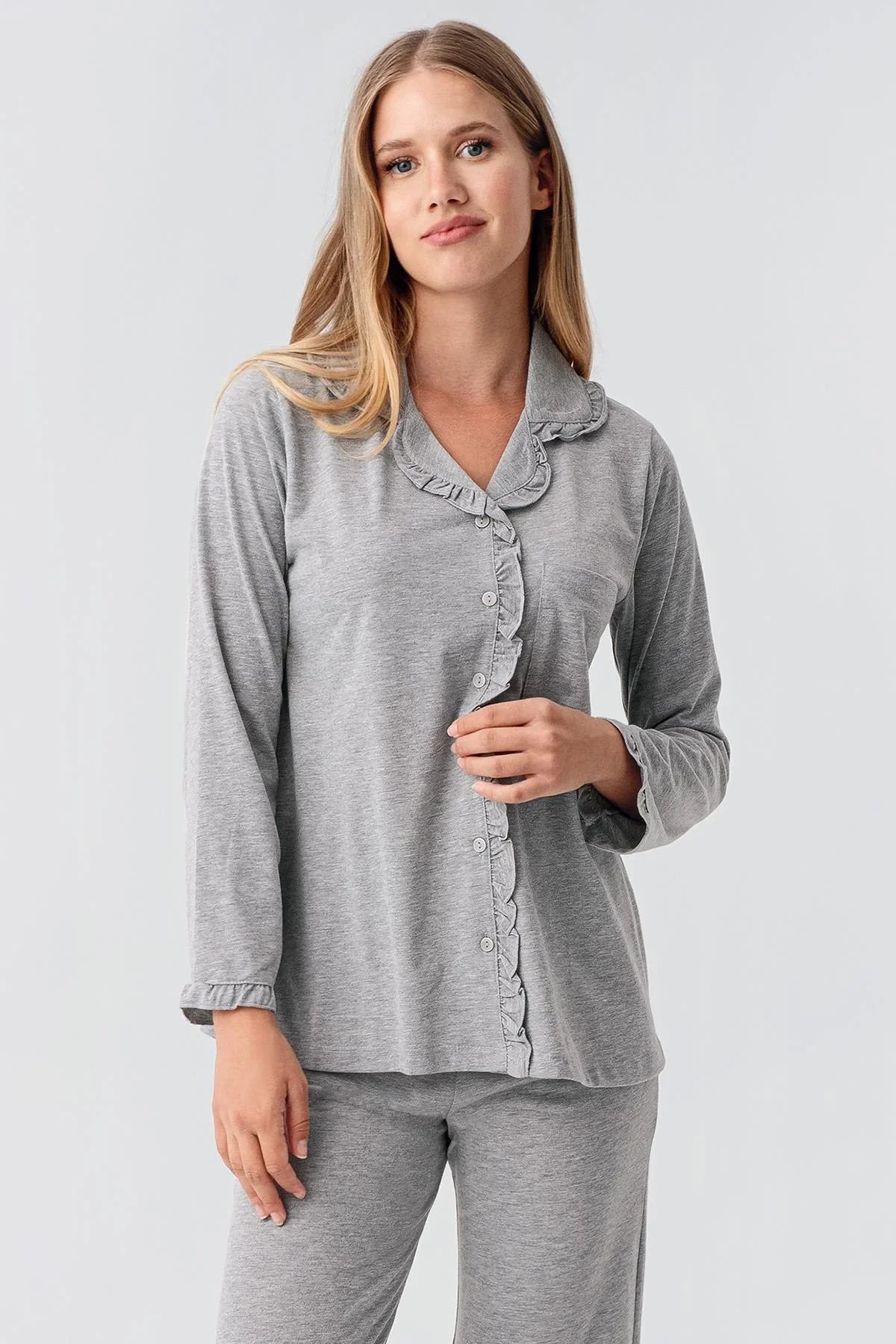 Kadın Uzun Kollu Düğmeli Esnek Pamuklu Sabahlık Pijama Takımı 23112 - Artış Collection