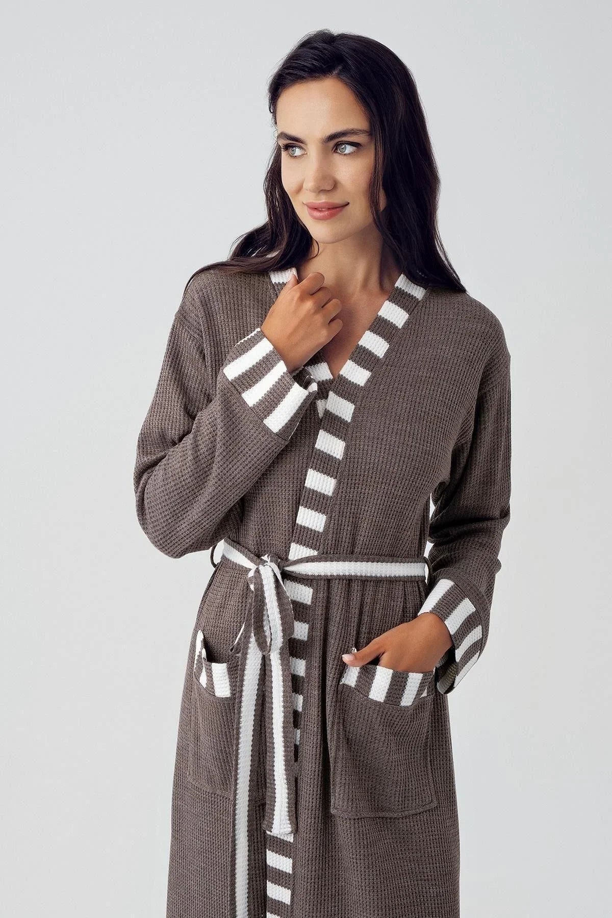 Kadın Uzun Kollu Esnek Yumuşak Dokulu Waffle Kumaş Sabahlık 15513