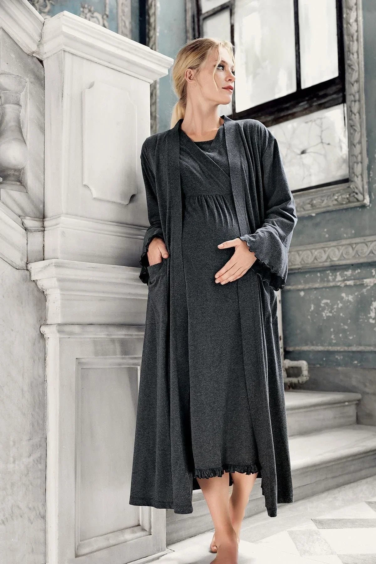 Women's Long Sleeve Cotton Flexible Maternity Dressing Gown Nightgown Set 13400