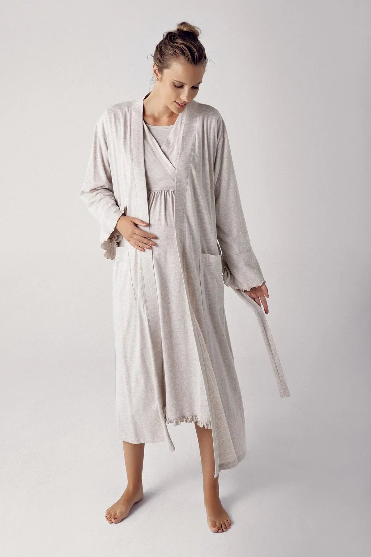 Women's Long Sleeve Cotton Flexible Maternity Dressing Gown Nightgown Set 13400