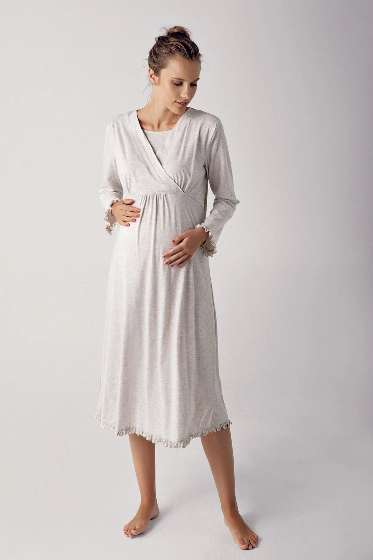 Women's Long Sleeve Cotton Flexible Maternity Dressing Gown Nightgown Set 13400