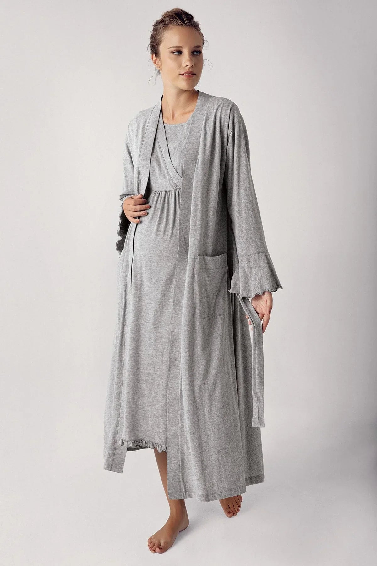 Women's Long Sleeve Cotton Flexible Maternity Dressing Gown Nightgown Set 13400