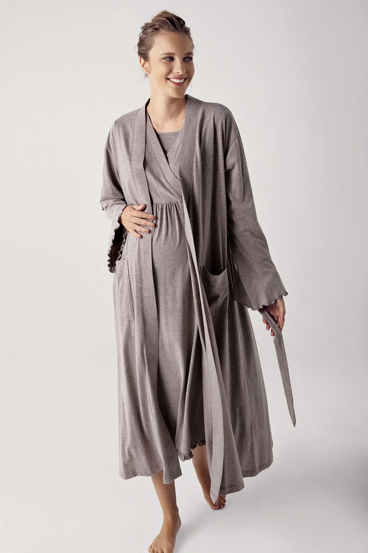 Women's Long Sleeve Cotton Flexible Maternity Dressing Gown Nightgown Set 13400