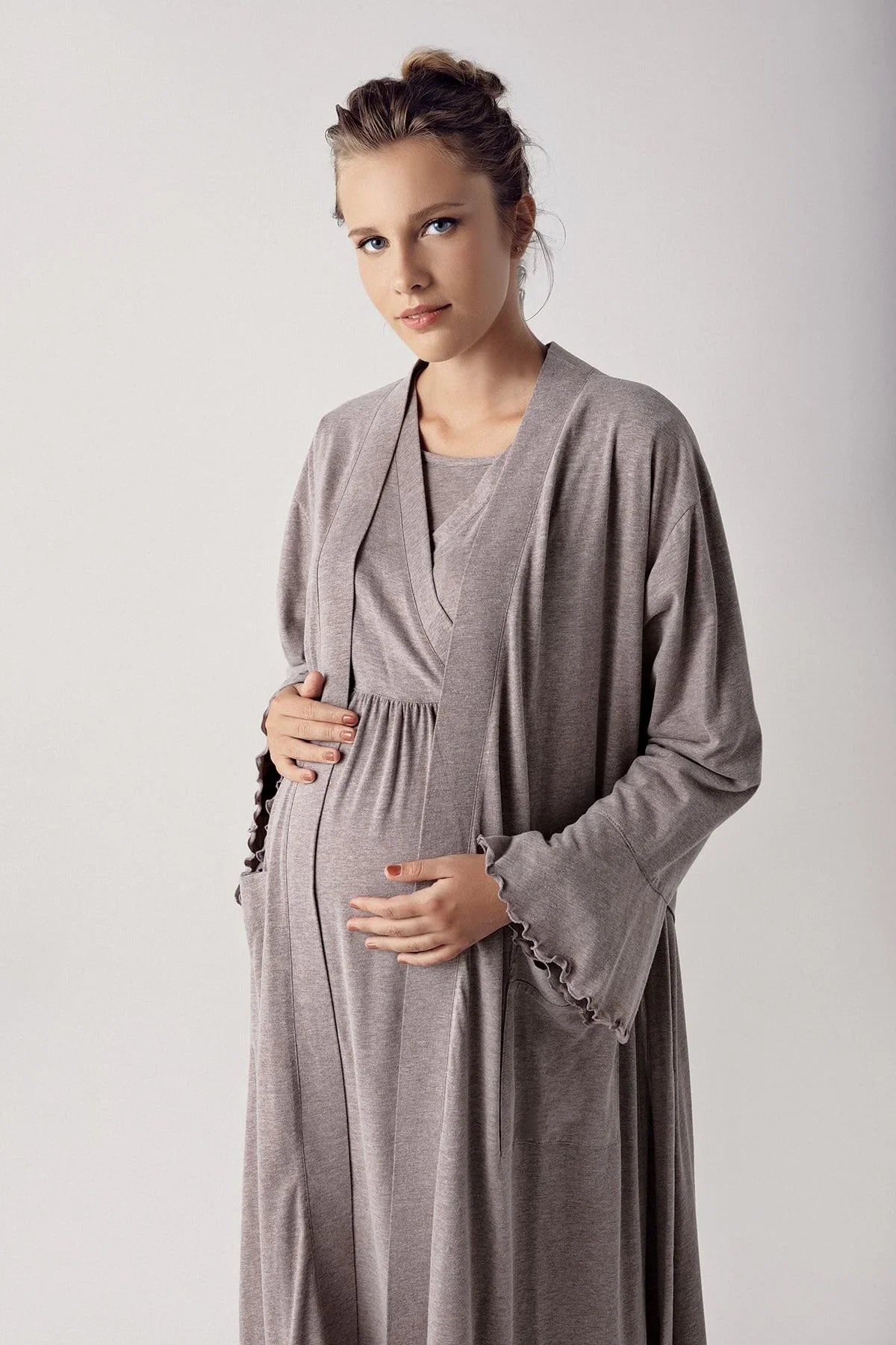 Women's Long Sleeve Cotton Flexible Maternity Dressing Gown Nightgown Set 13400