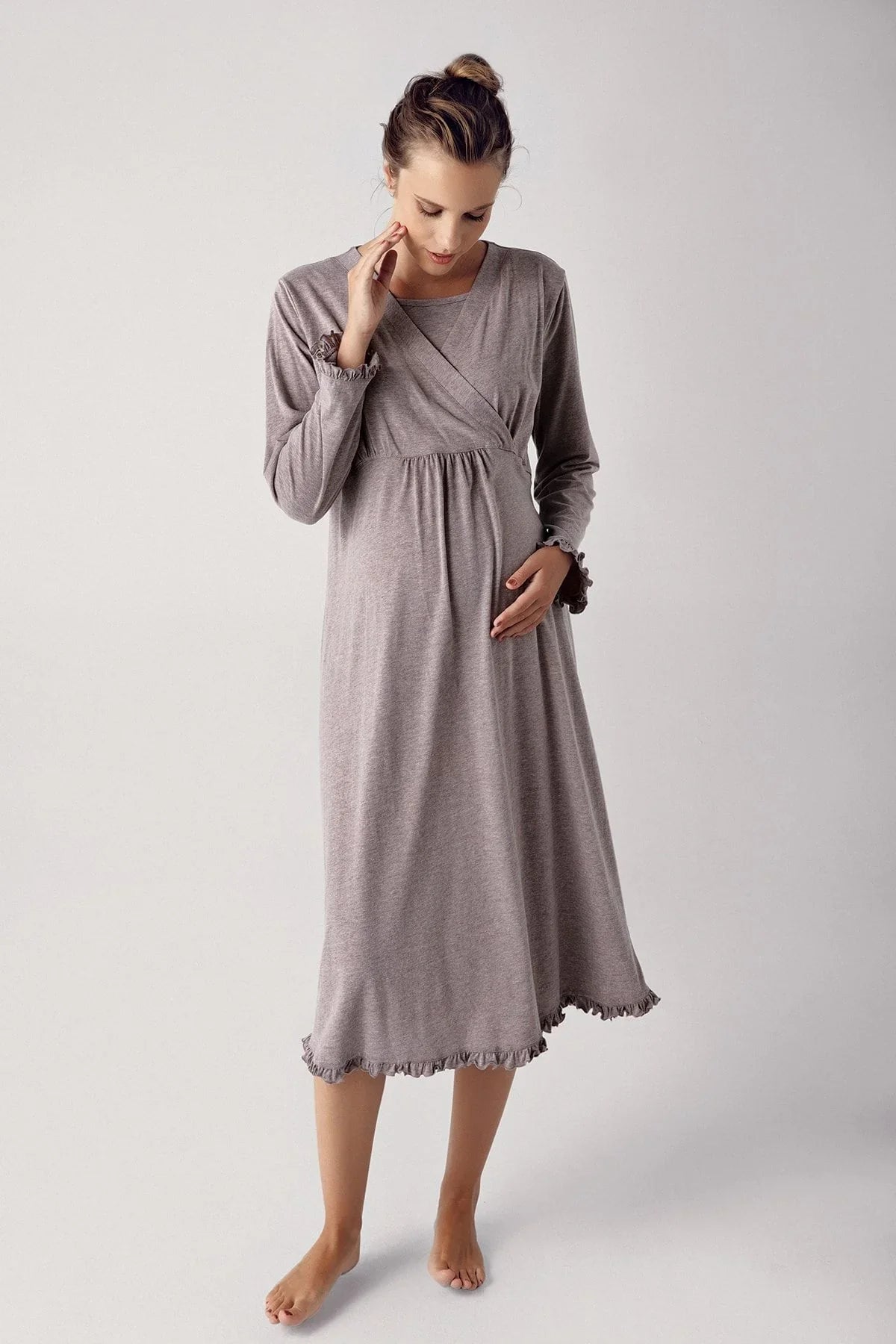 Women's Long Sleeve Cotton Flexible Maternity Dressing Gown Nightgown Set 13400