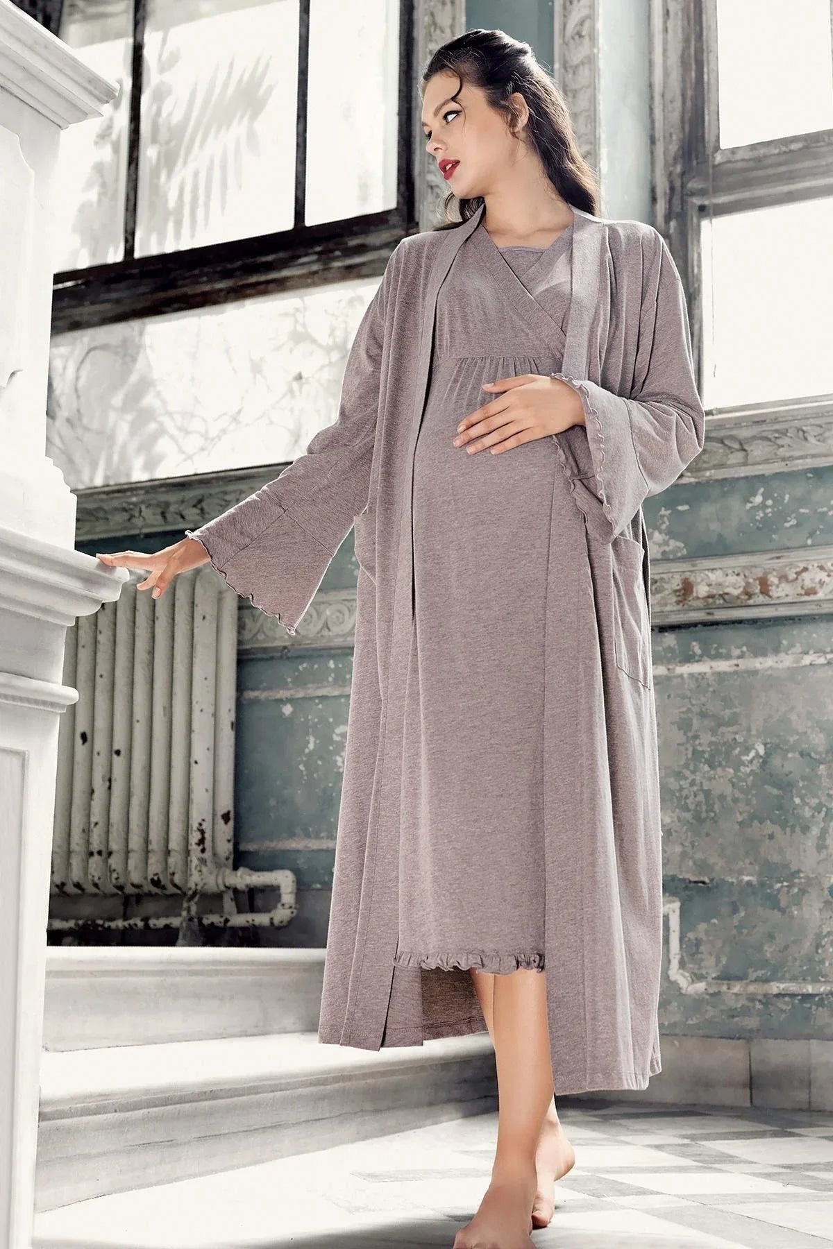 Women's Long Sleeve Cotton Flexible Maternity Dressing Gown Nightgown Set 13400