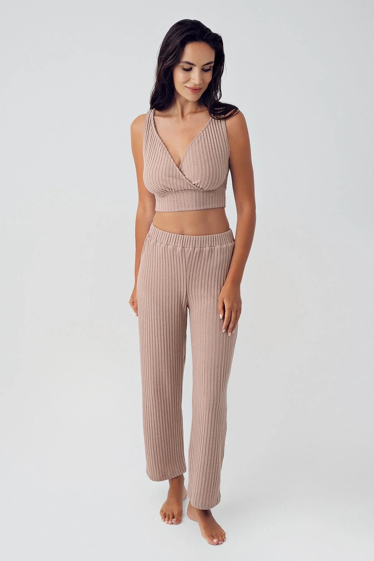 Thick Strap Soft Textured Knitwear Crop Pajama Set 15208