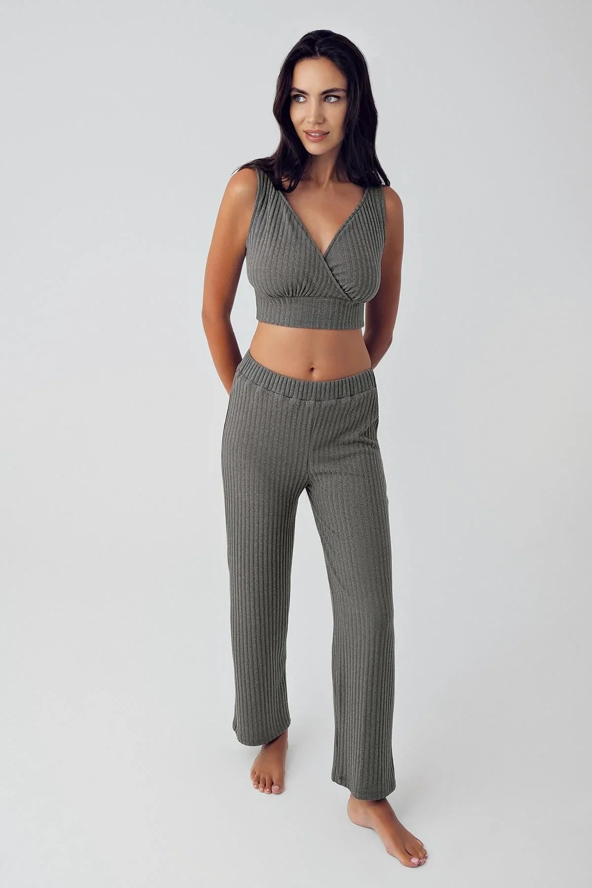 Thick Strap Soft Textured Knitwear Crop Pajama Set 15208