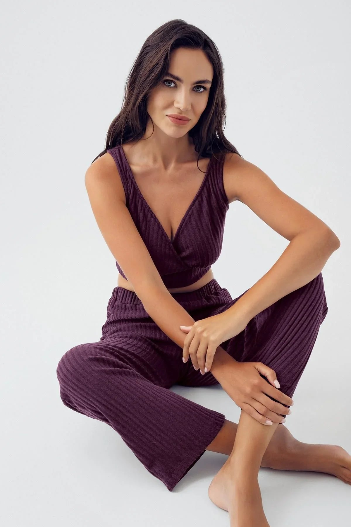 Thick Strap Soft Textured Knitwear Crop Pajama Set 15208