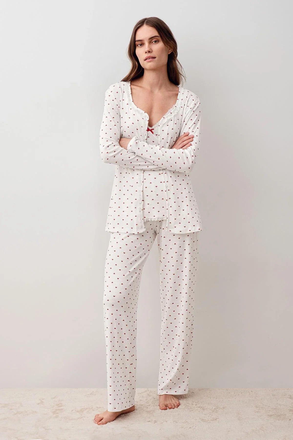 Askılı Düğmeli Kalpli %100 Pamuk Sabahlık Pijama Takım 20305 - Artış Collection