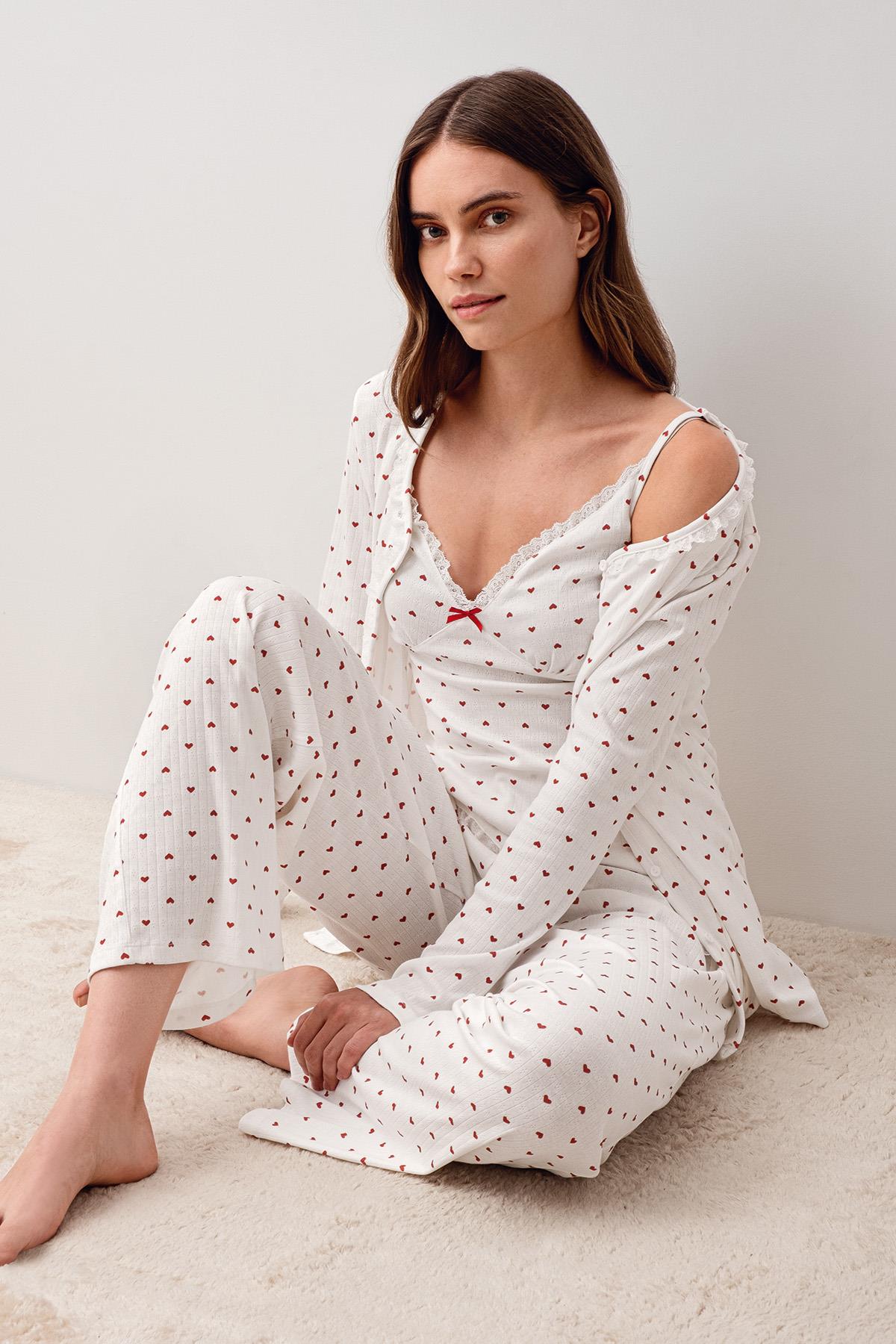 Askılı Düğmeli Kalpli %100 Pamuk Sabahlık Pijama Takım 20305