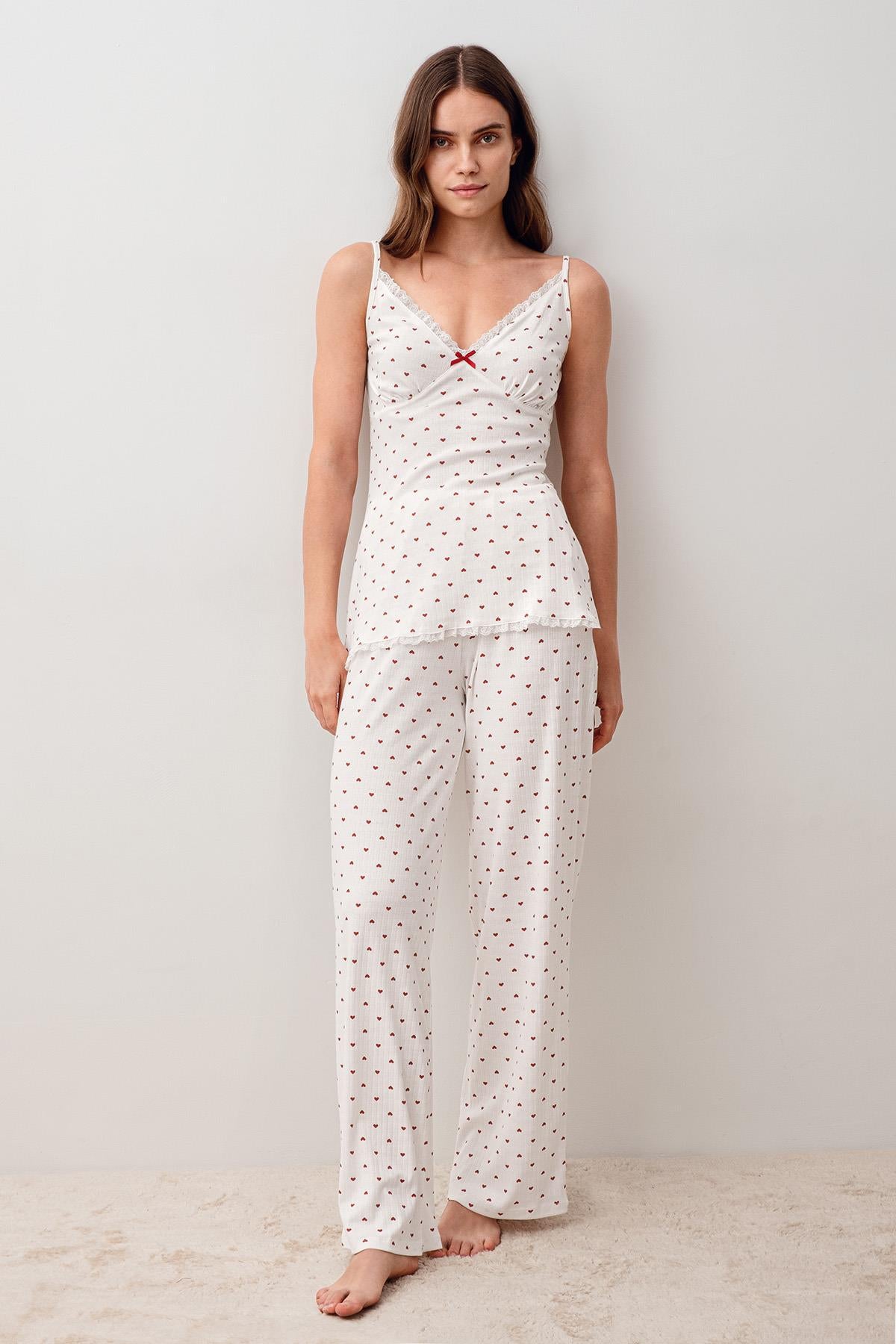 Askılı Düğmeli Kalpli %100 Pamuk Sabahlık Pijama Takım 20305