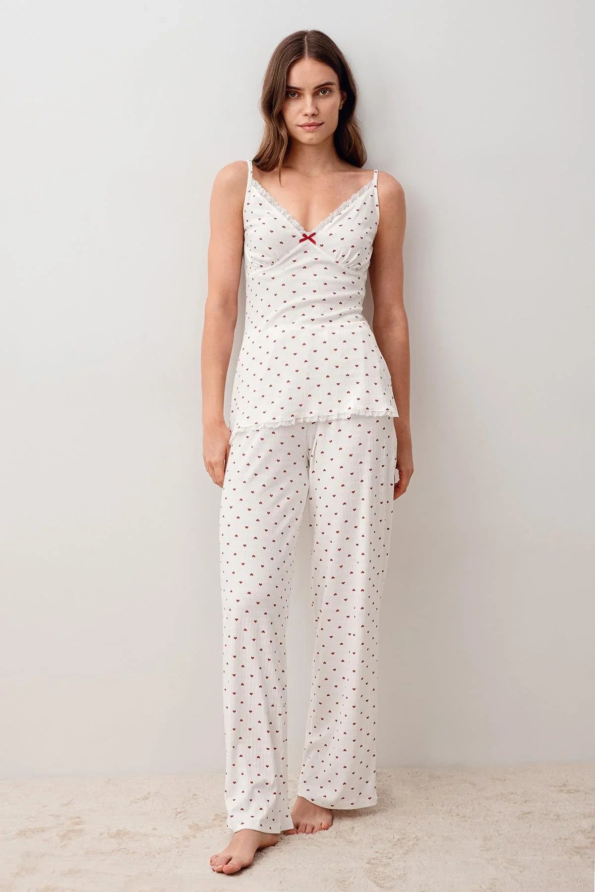 Askılı Düğmeli Kalpli %100 Pamuk Sabahlık Pijama Takım 20305 - Artış Collection