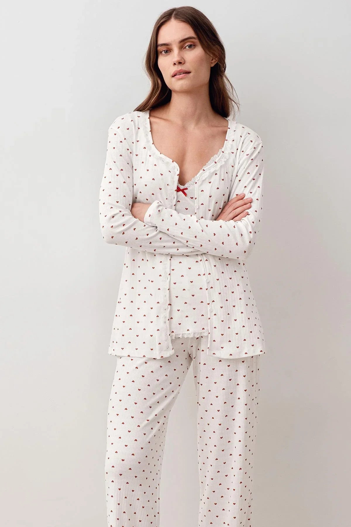 Askılı Düğmeli Kalpli %100 Pamuk Sabahlık Pijama Takım 20305 - Artış Collection