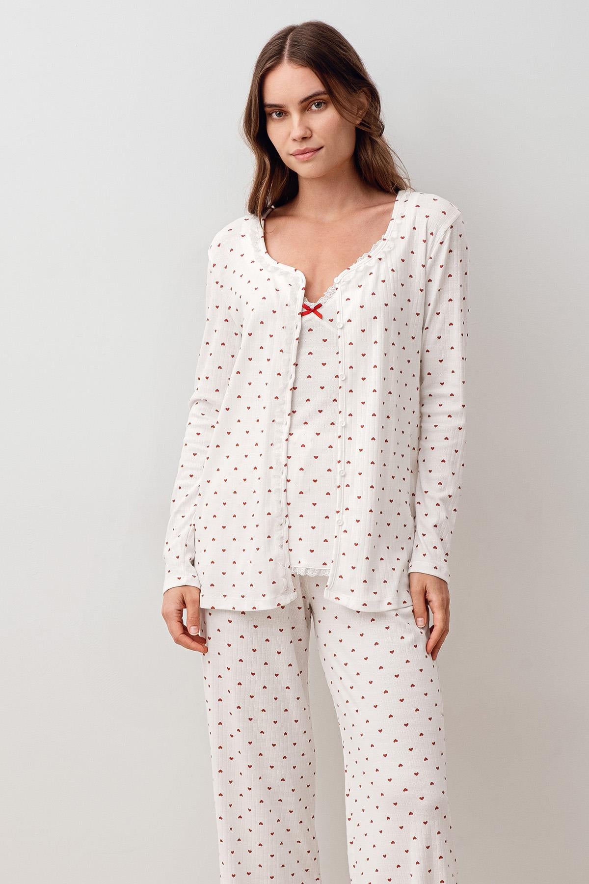 Askılı Düğmeli Kalpli %100 Pamuk Sabahlık Pijama Takım 20305