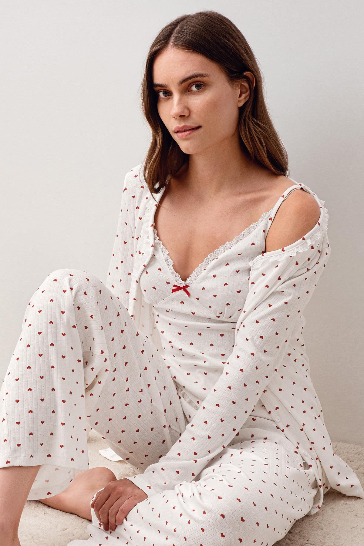 Askılı Düğmeli Kalpli %100 Pamuk Sabahlık Pijama Takım 20305