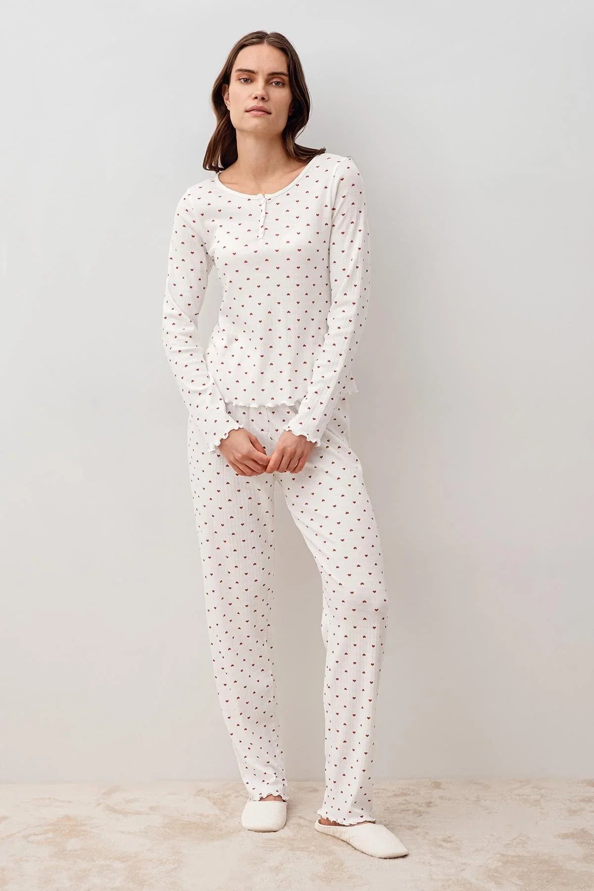 Uzun Kollu Kalpli Düğmeli %100 Pamuk Pijama Takım 20205 - Artış Collection