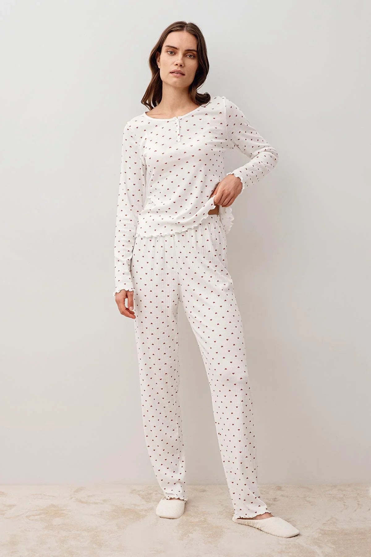 Uzun Kollu Kalpli Düğmeli %100 Pamuk Pijama Takım 20205 - Artış Collection
