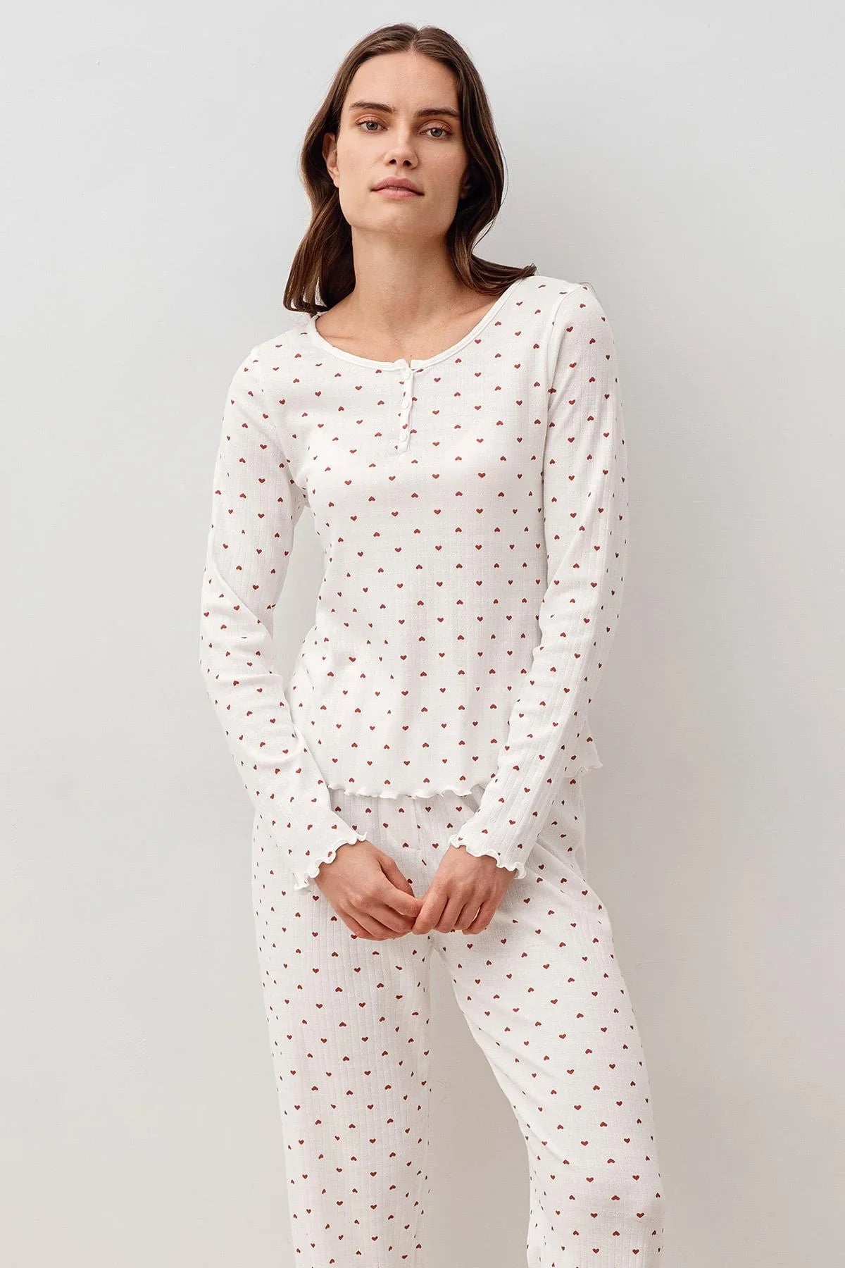 Uzun Kollu Kalpli Düğmeli %100 Pamuk Pijama Takım 20205 - Artış Collection