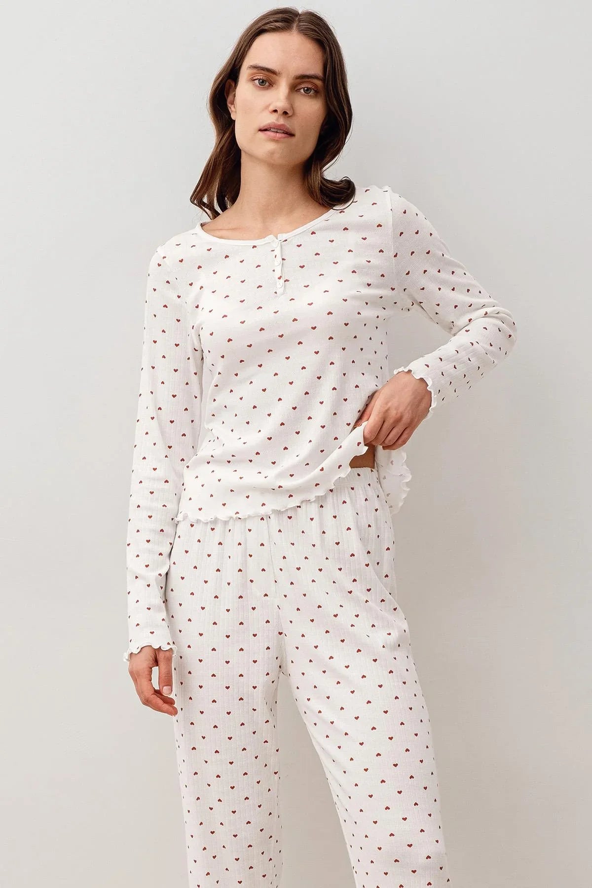 Uzun Kollu Kalpli Düğmeli %100 Pamuk Pijama Takım 20205 - Artış Collection
