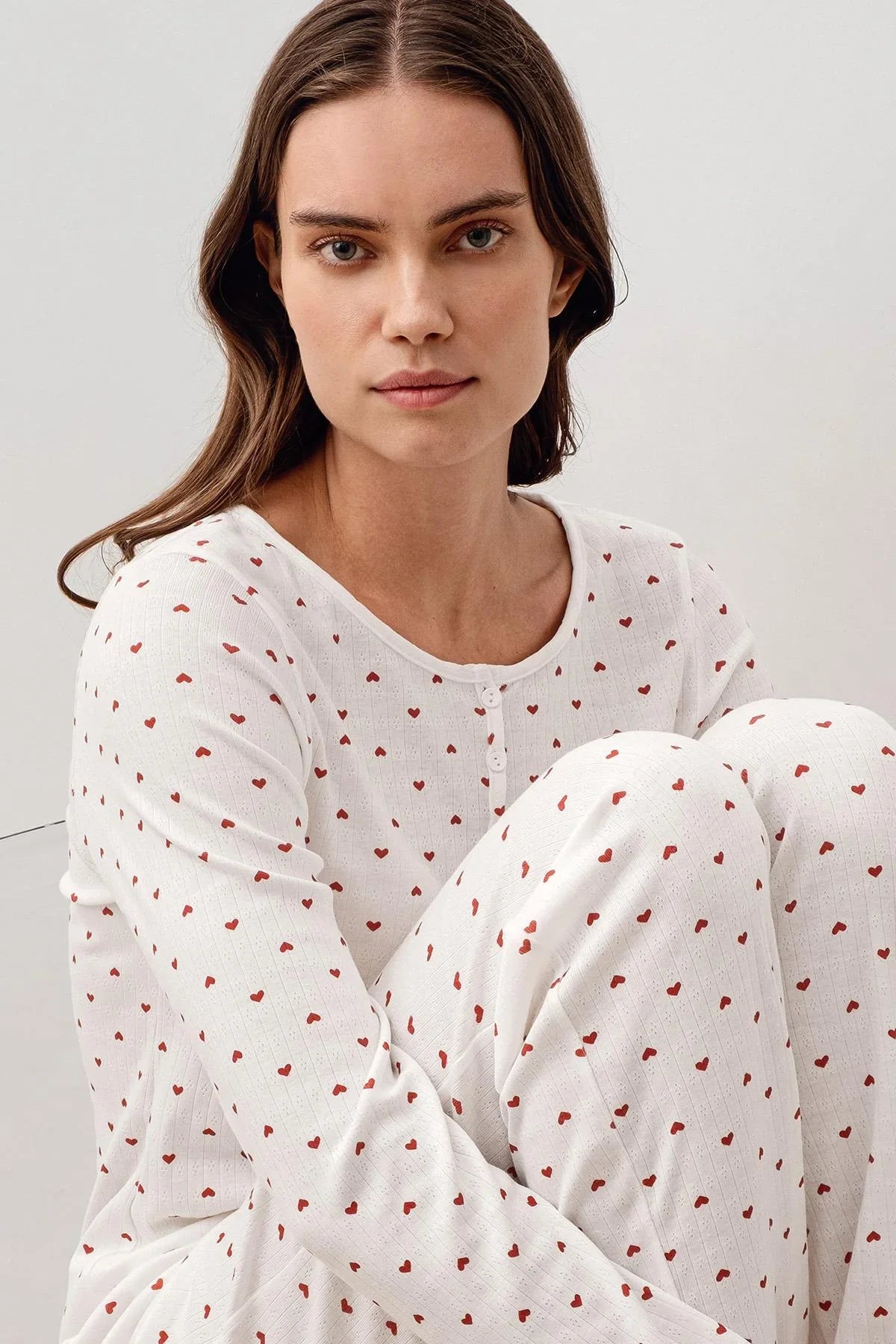 Uzun Kollu Kalpli Düğmeli %100 Pamuk Pijama Takım 20205 - Artış Collection