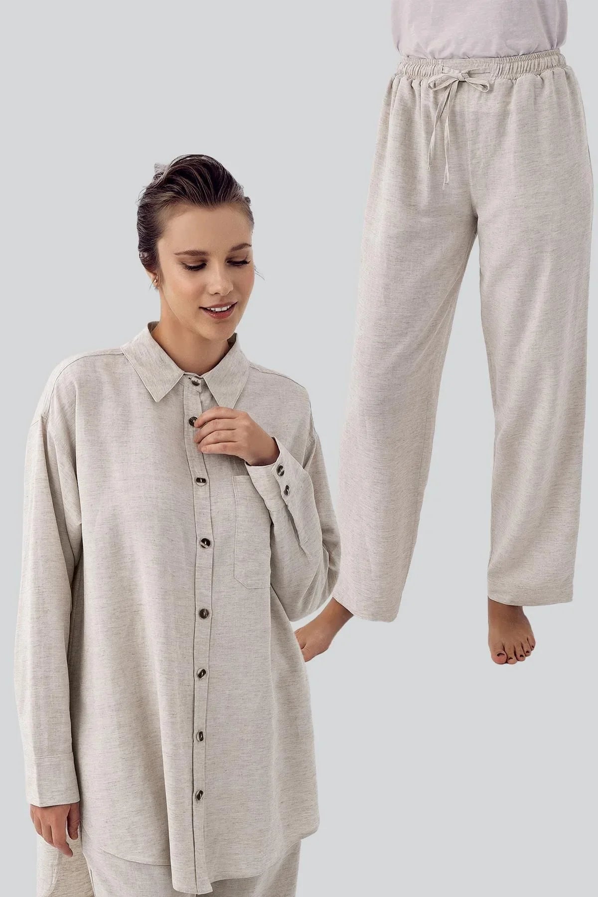 Keten Boyfriend Oversize Gömlek Pantolon Takım K600