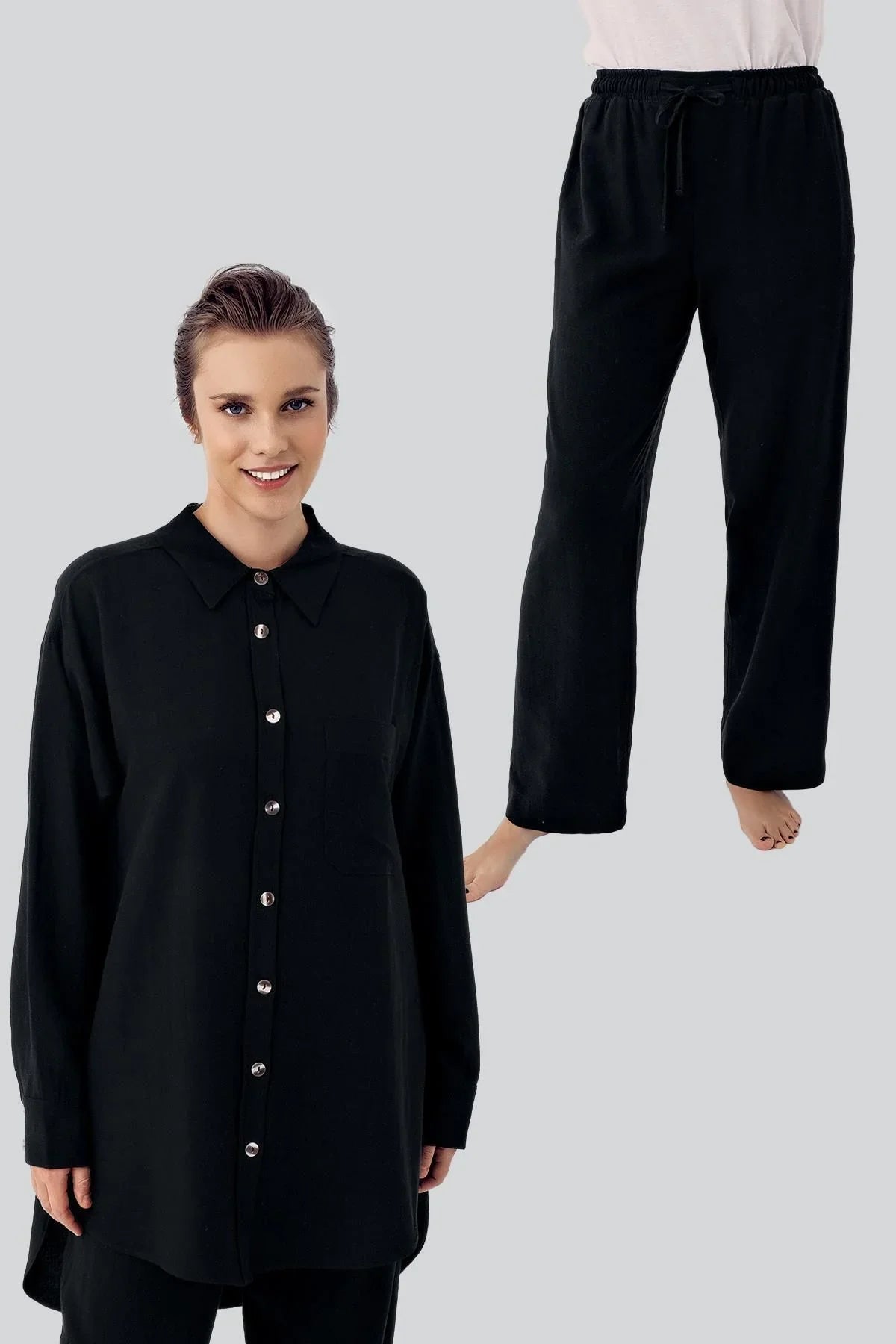 Keten Boyfriend Oversize Gömlek Pantolon Takım K600