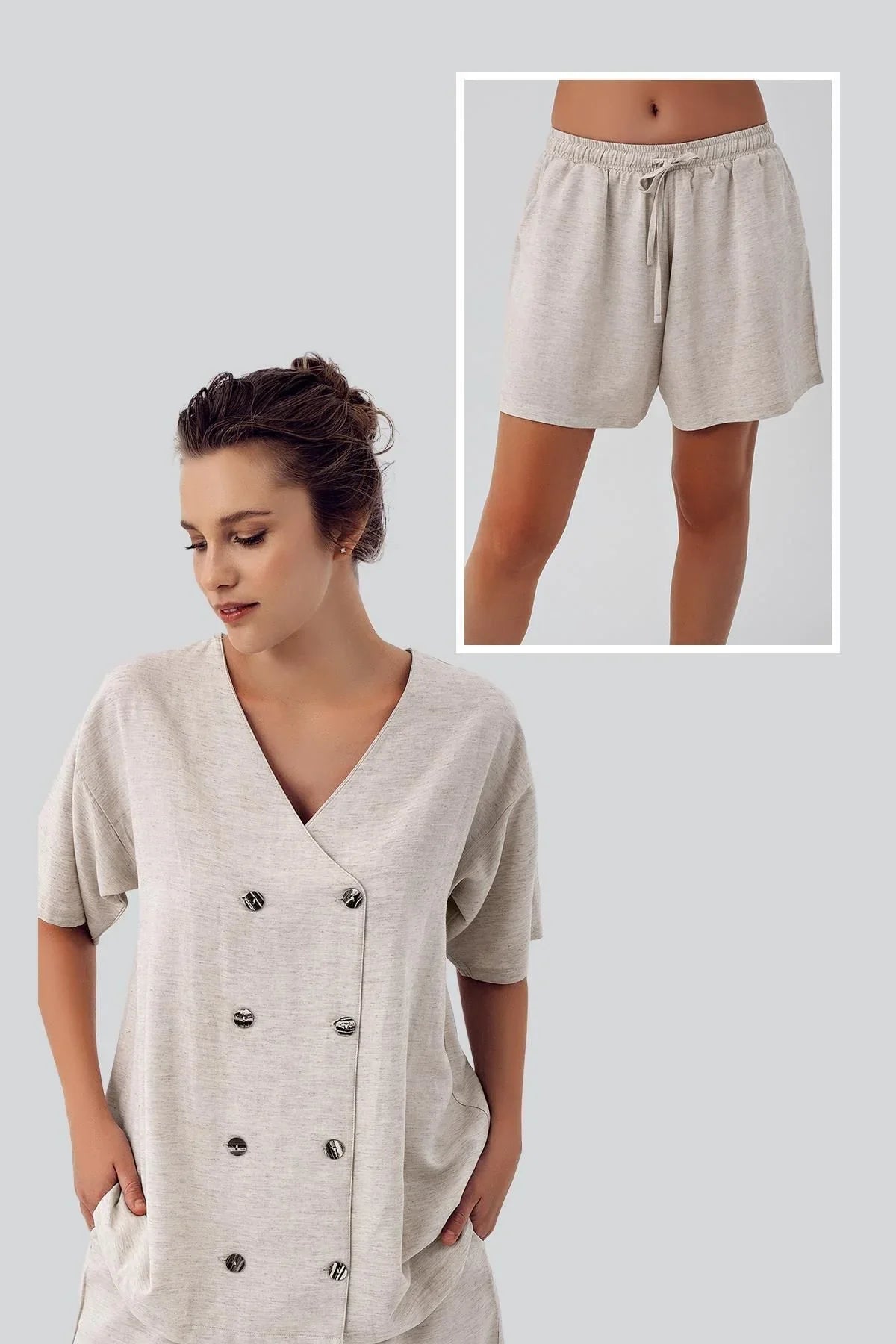 Keten Kısa Kol Oversize Gömlek Şort Takım K602