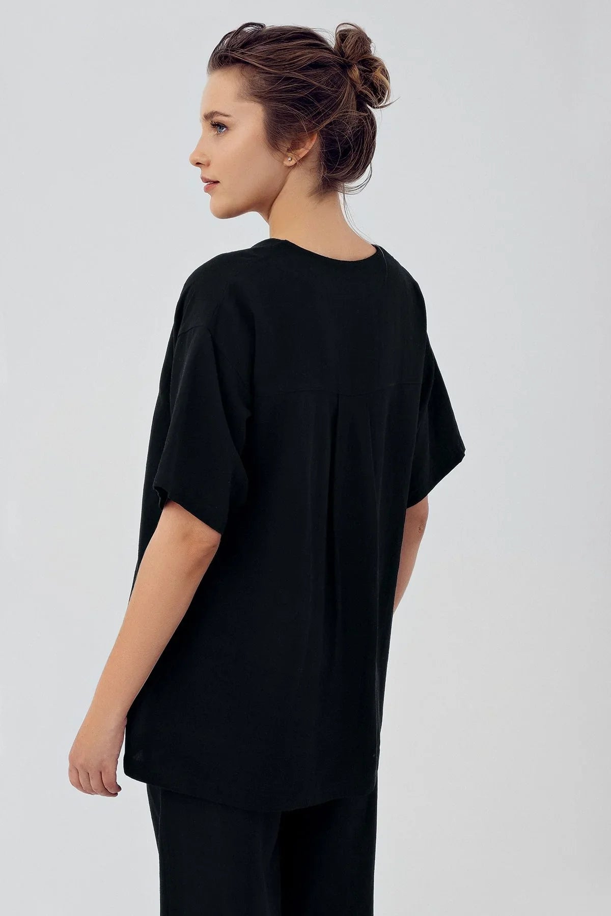 Linen Short Sleeve Oversize Maternity Shirt Adjustable High Waist Trousers Set K701