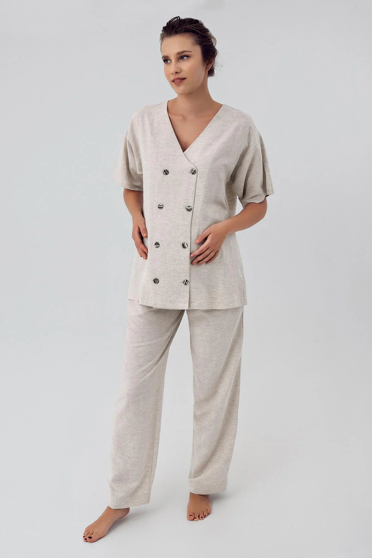 Linen Short Sleeve Oversize Maternity Shirt Adjustable High Waist Trousers Set K701