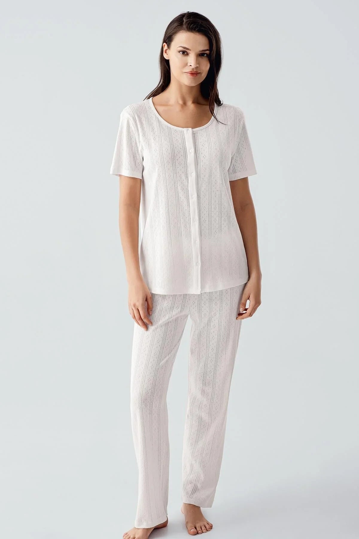 Kısa Kollu Ajurlu Düğmeli Esnek Pamuklu Pijama Takım 17210 - Artış Collection