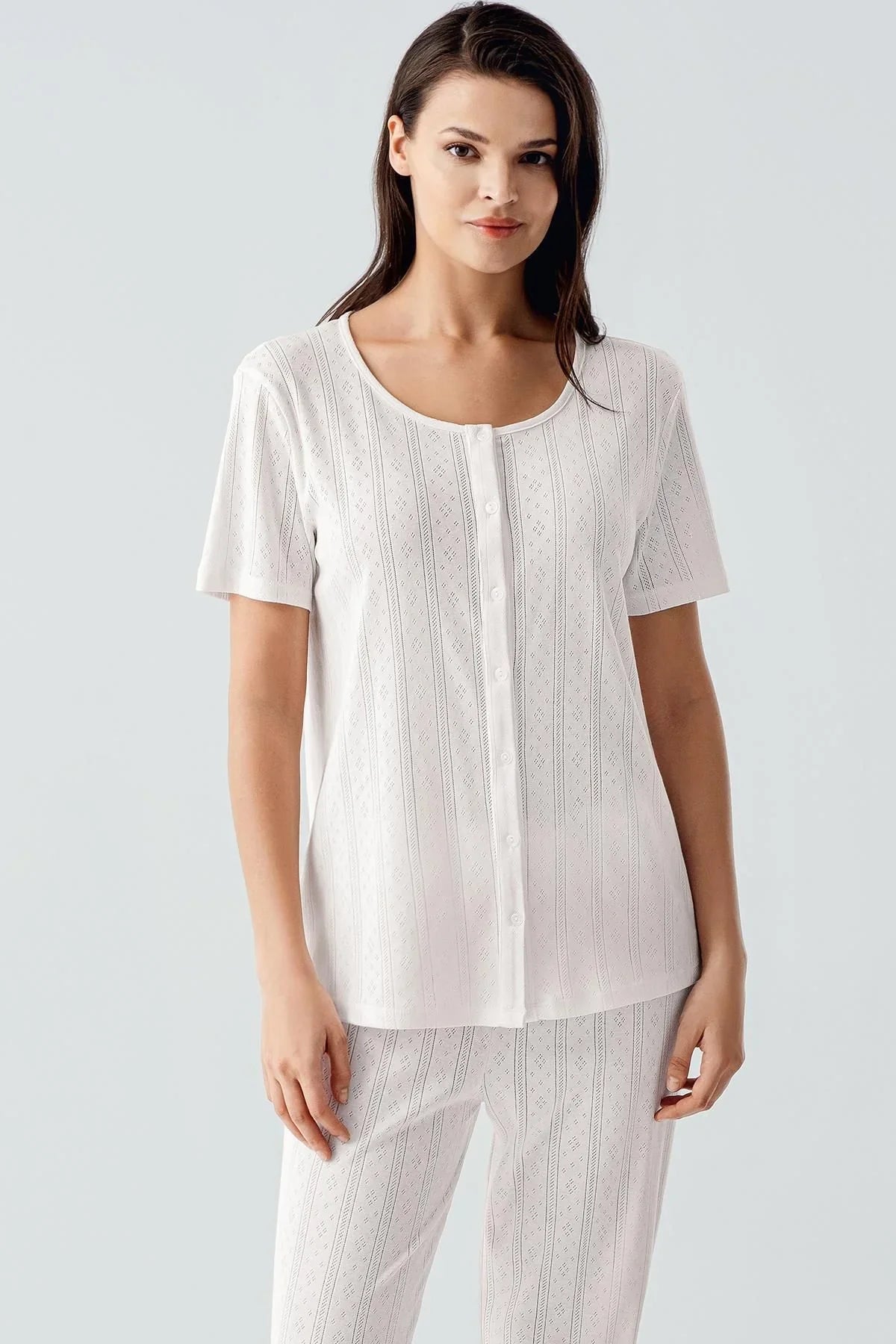 Kısa Kollu Ajurlu Düğmeli Esnek Pamuklu Pijama Takım 17210 - Artış Collection