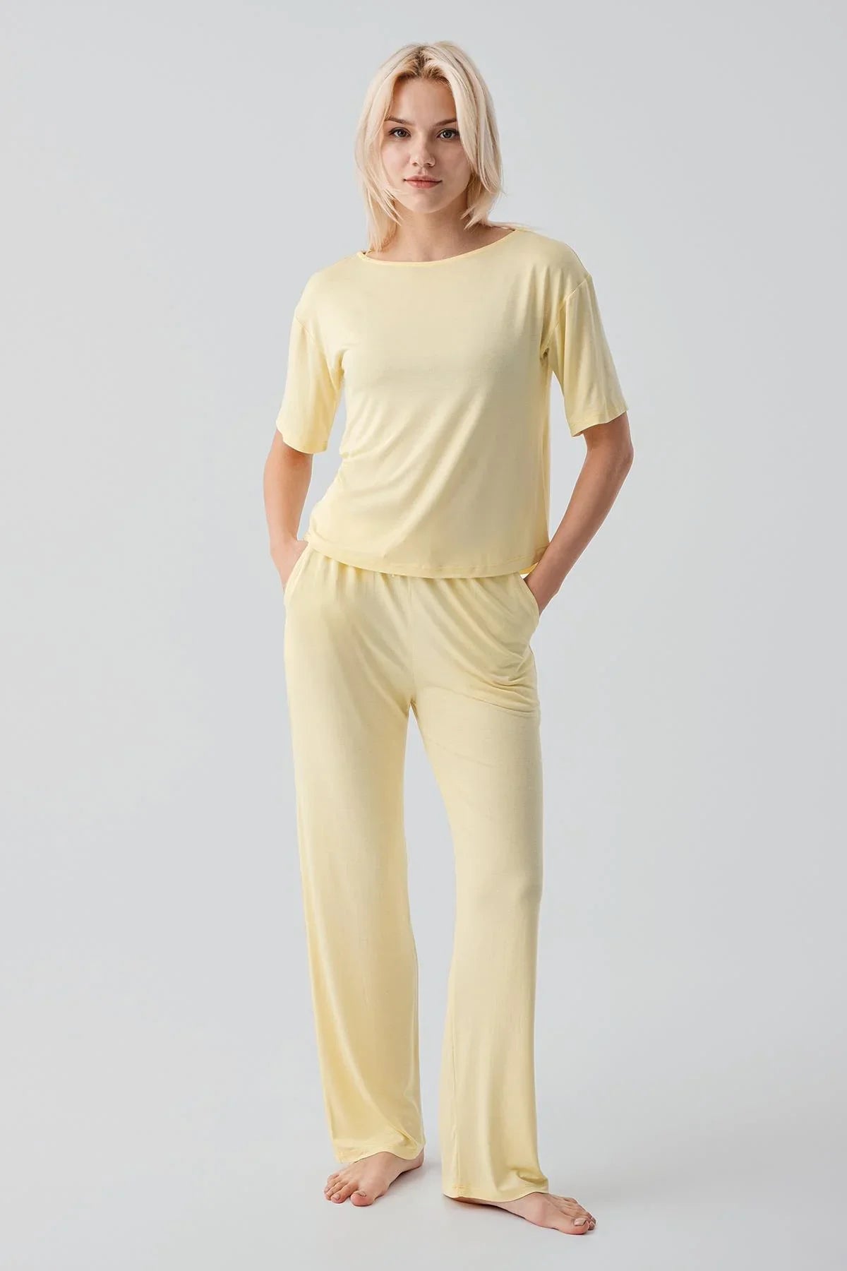 Kısa Kollu Basic Esnek Likralı Viskoz Soft Pijama Takım 18215