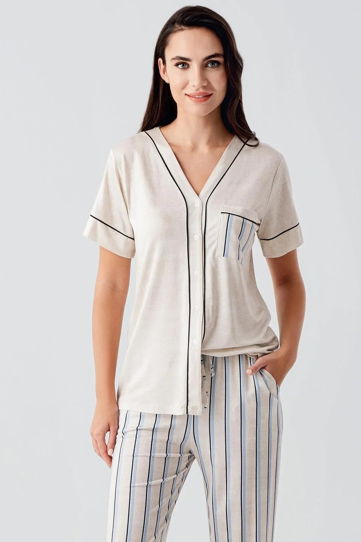 Kısa Kollu Çizgili Düğmeli Esnek Viskoz Pijama Takım 17214