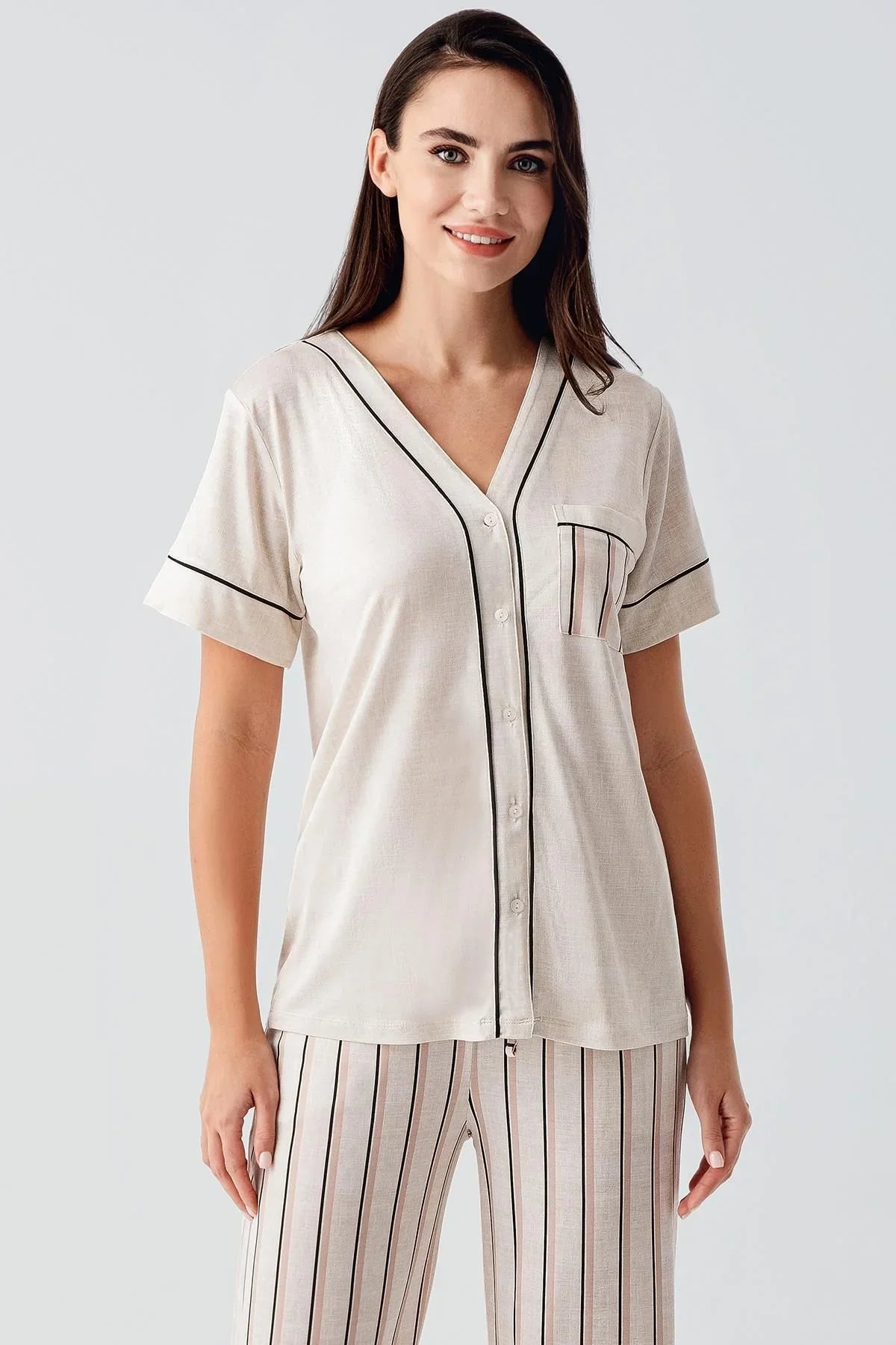 Kısa Kollu Çizgili Düğmeli Esnek Viskoz Pijama Takım 17214 - Artış Collection