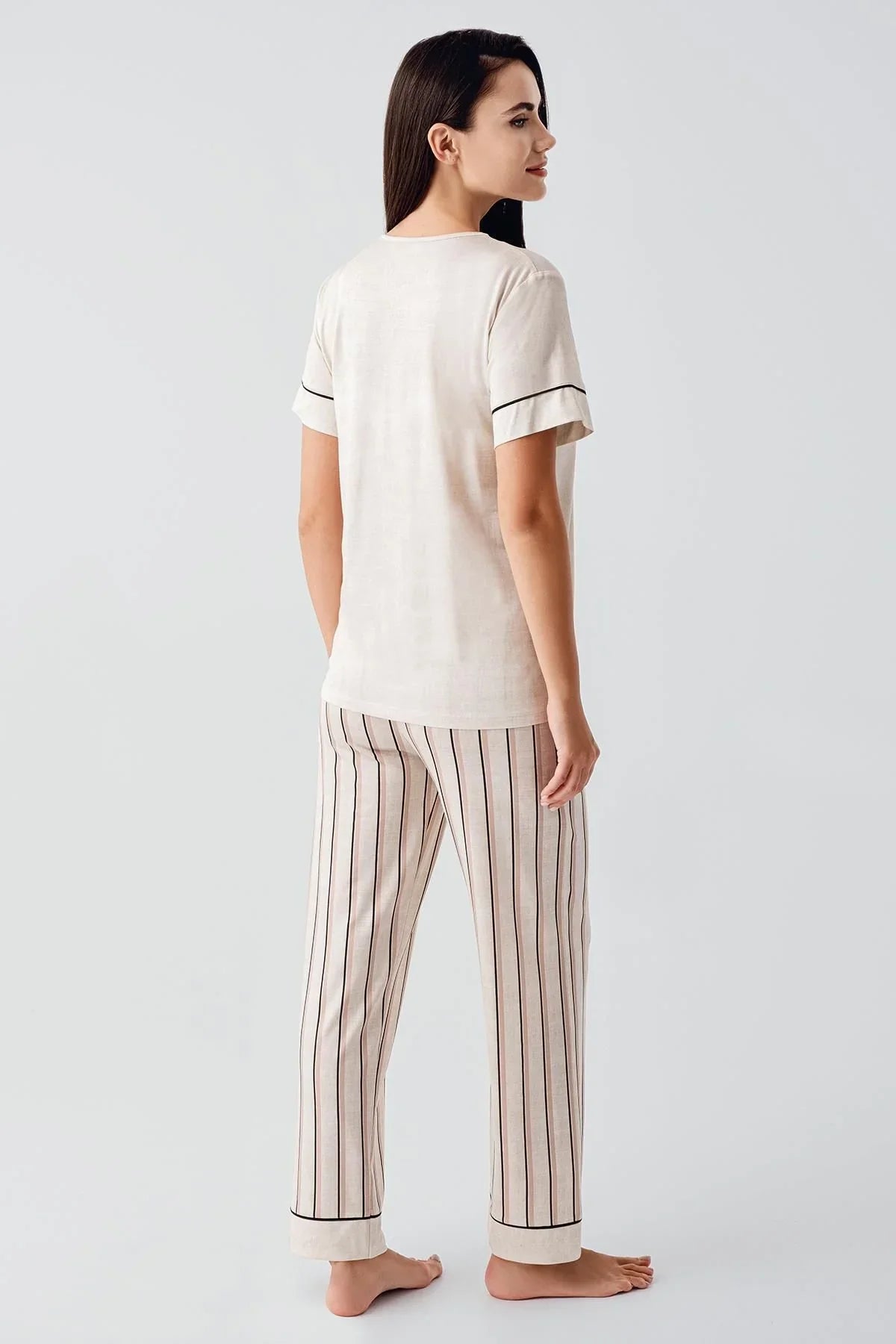 Kısa Kollu Çizgili Düğmeli Esnek Viskoz Pijama Takım 17214 - Artış Collection