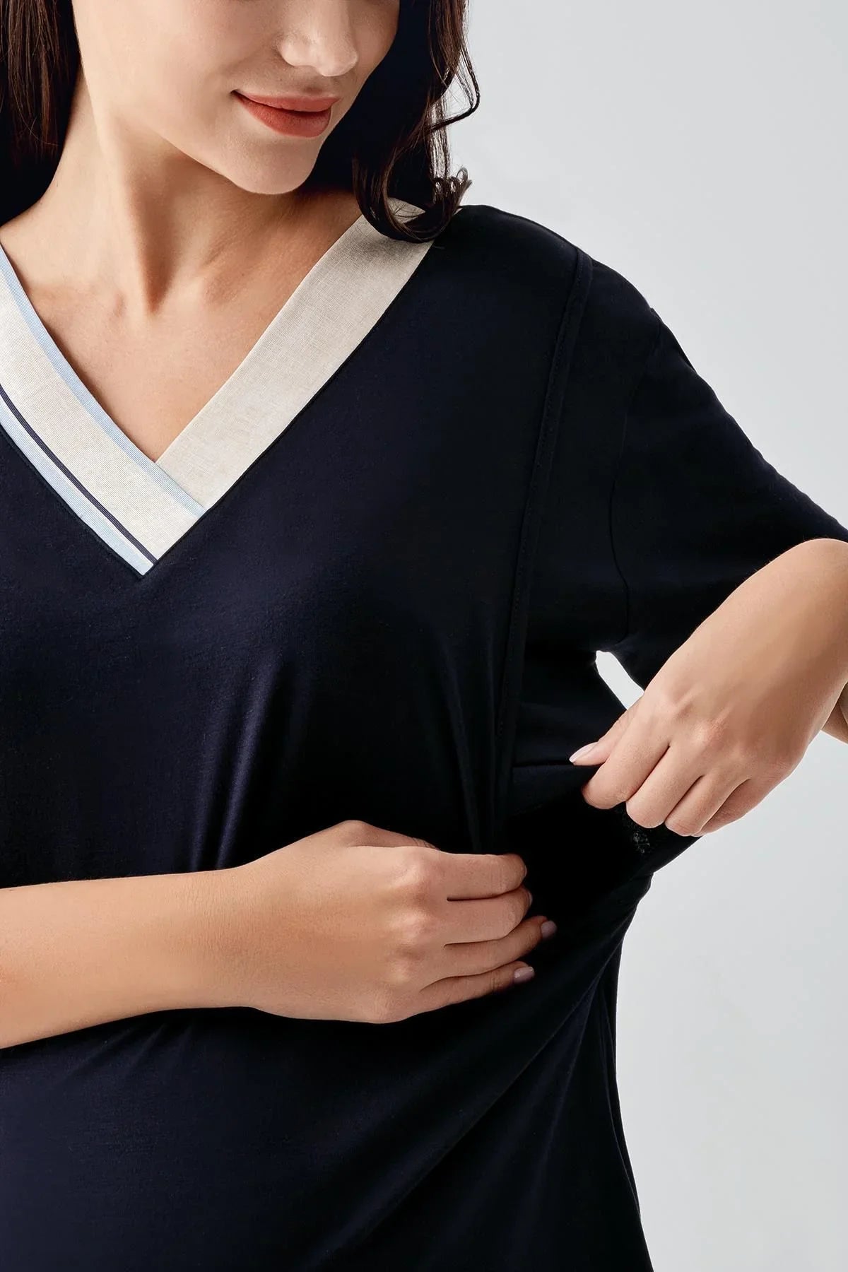 Kısa Kollu Çizgili Esnek Keten Efektli Viskoz Hamile Sabahlık Pijama Takım 17302