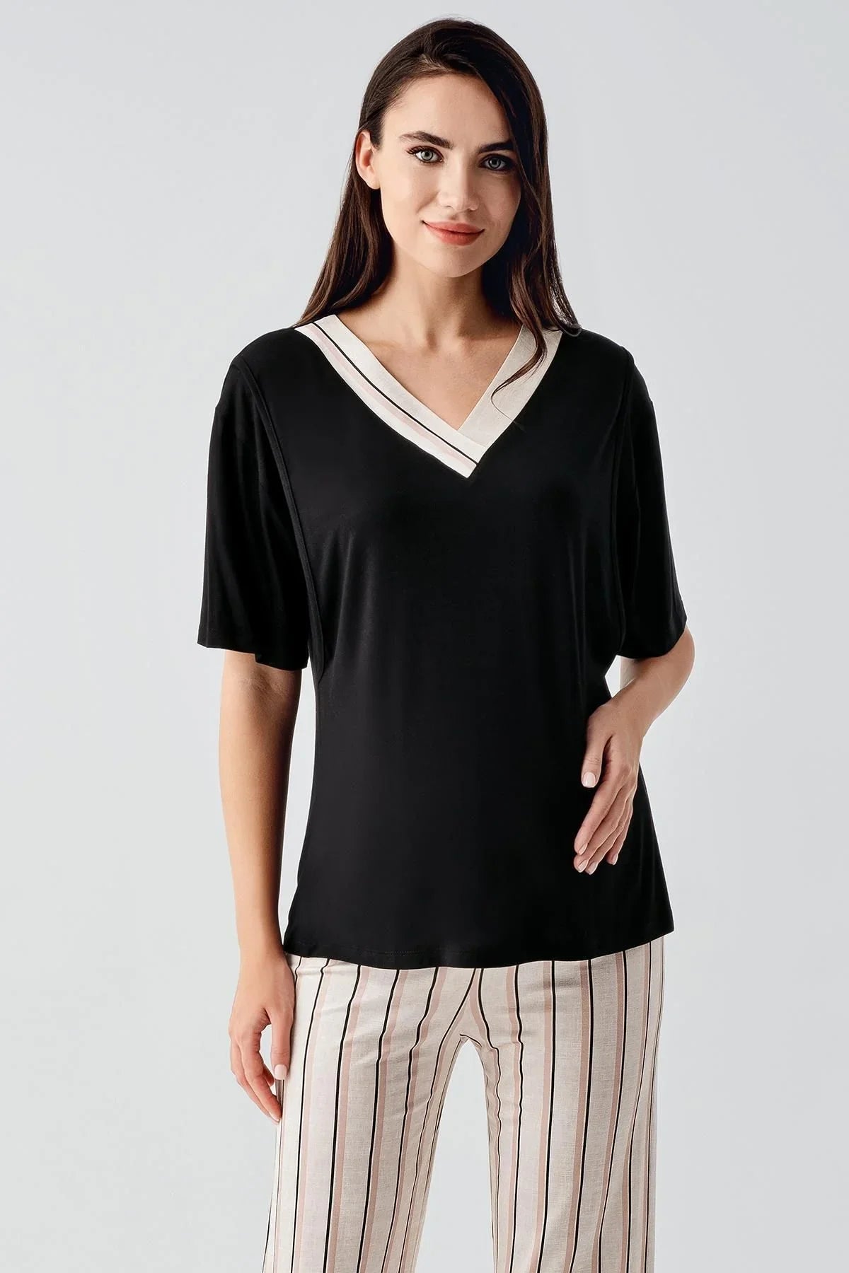 Kısa Kollu Çizgili Esnek Keten Efektli Viskoz Hamile Sabahlık Pijama Takım 17302
