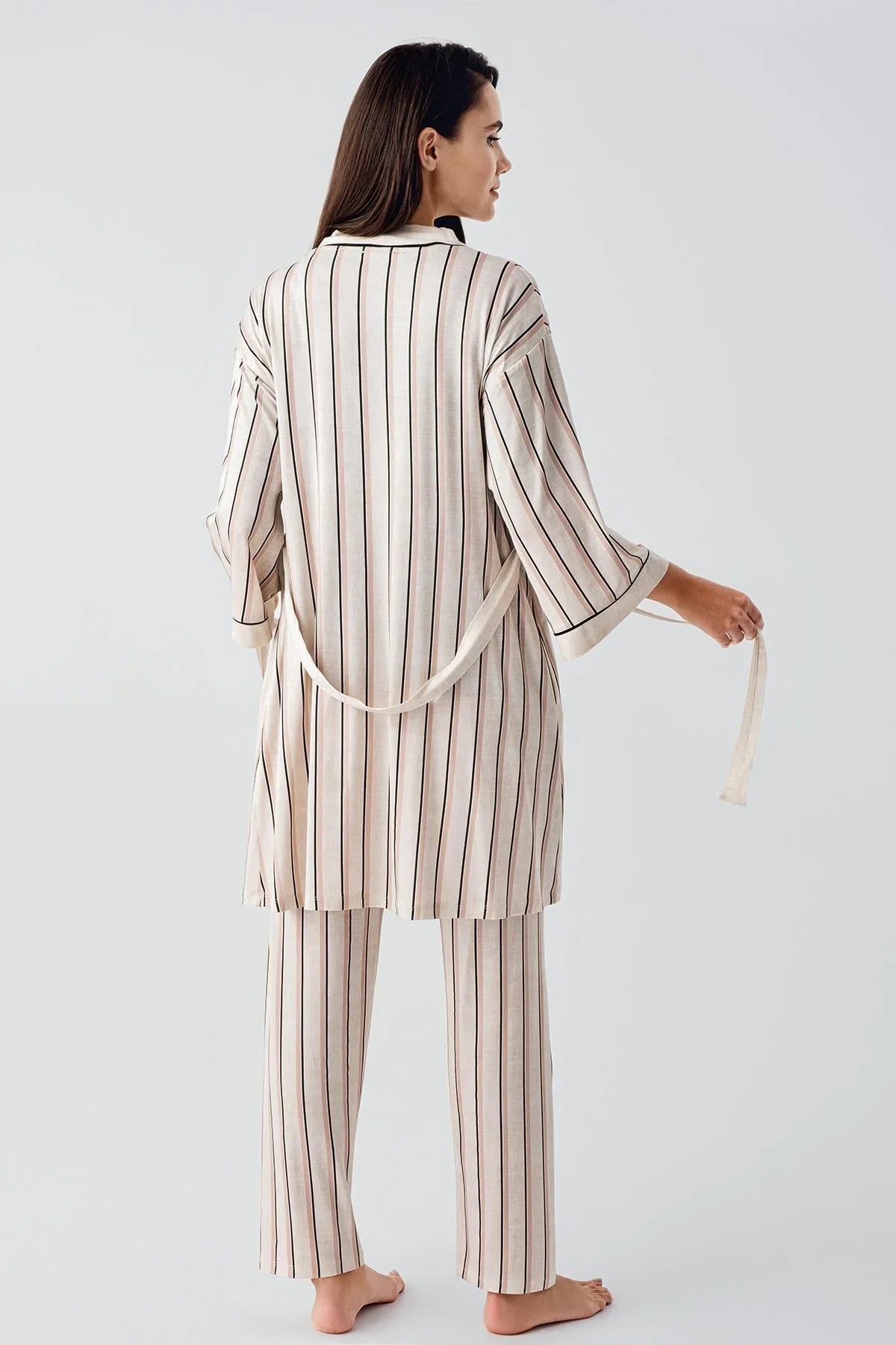 Kısa Kollu Çizgili Esnek Keten Efektli Viskoz Hamile Sabahlık Pijama Takım 17302