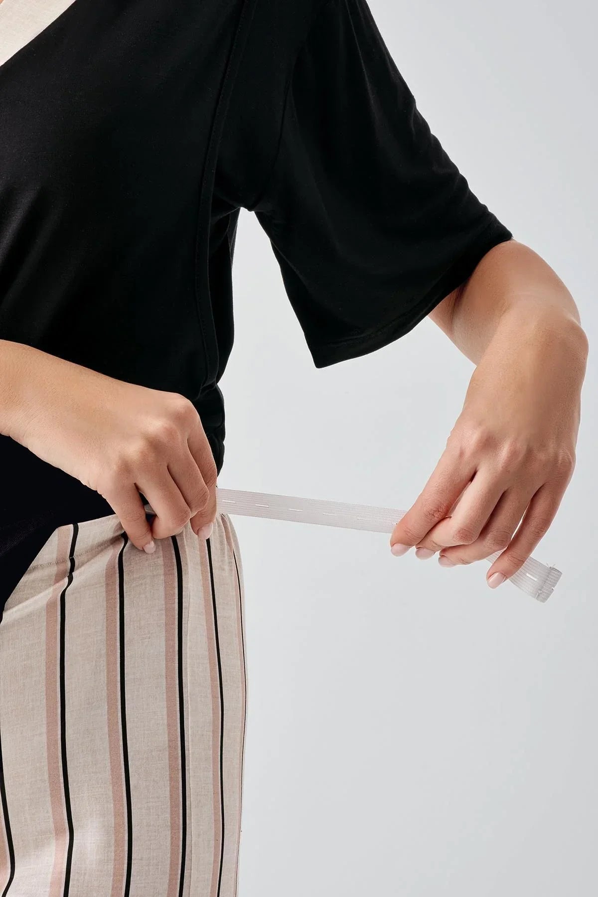 Kısa Kollu Çizgili Esnek Keten Efektli Viskoz Hamile Sabahlık Pijama Takım 17302